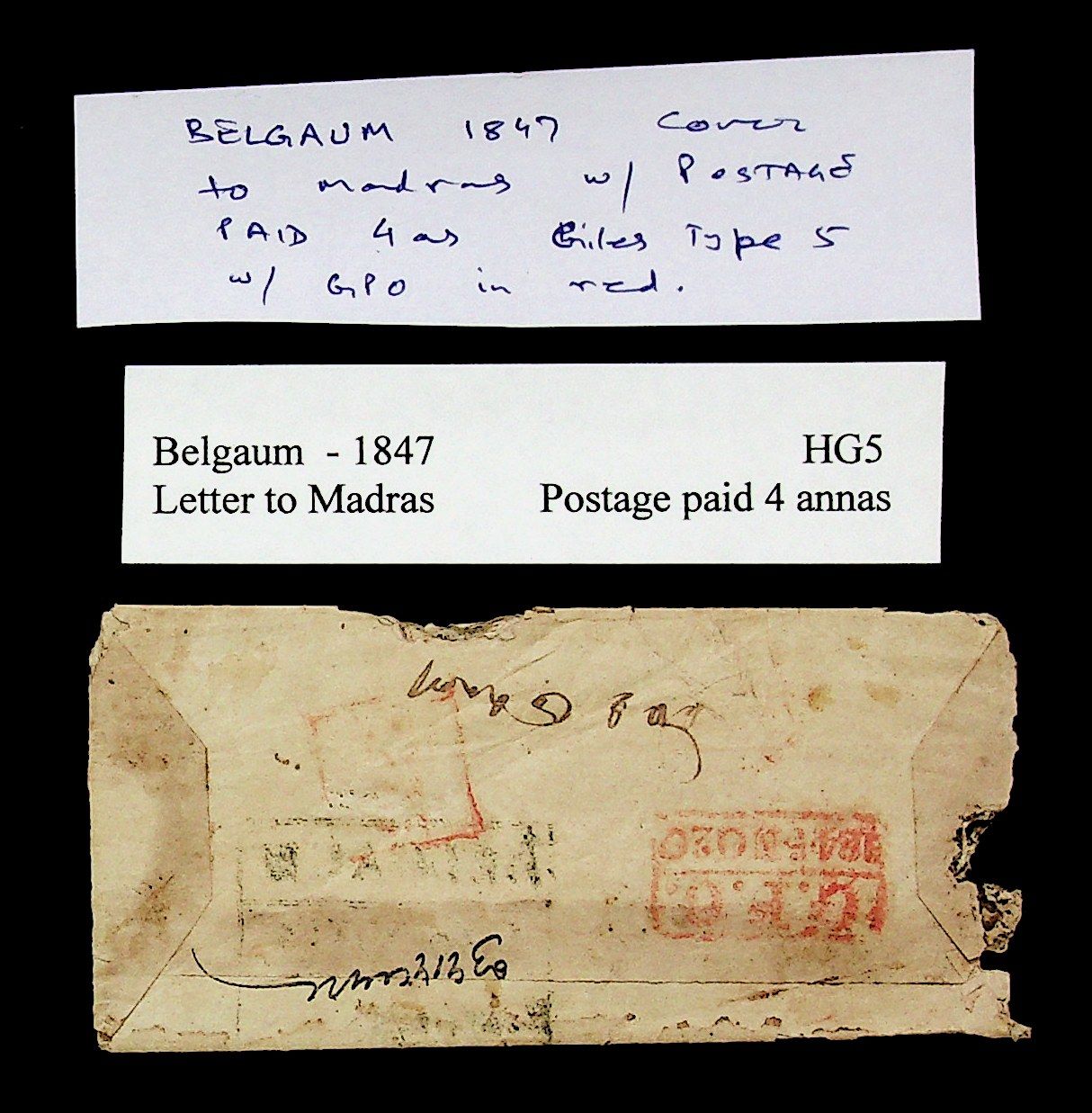 1847 Belgaum HG 5 pre stamp cover — COV-3855
