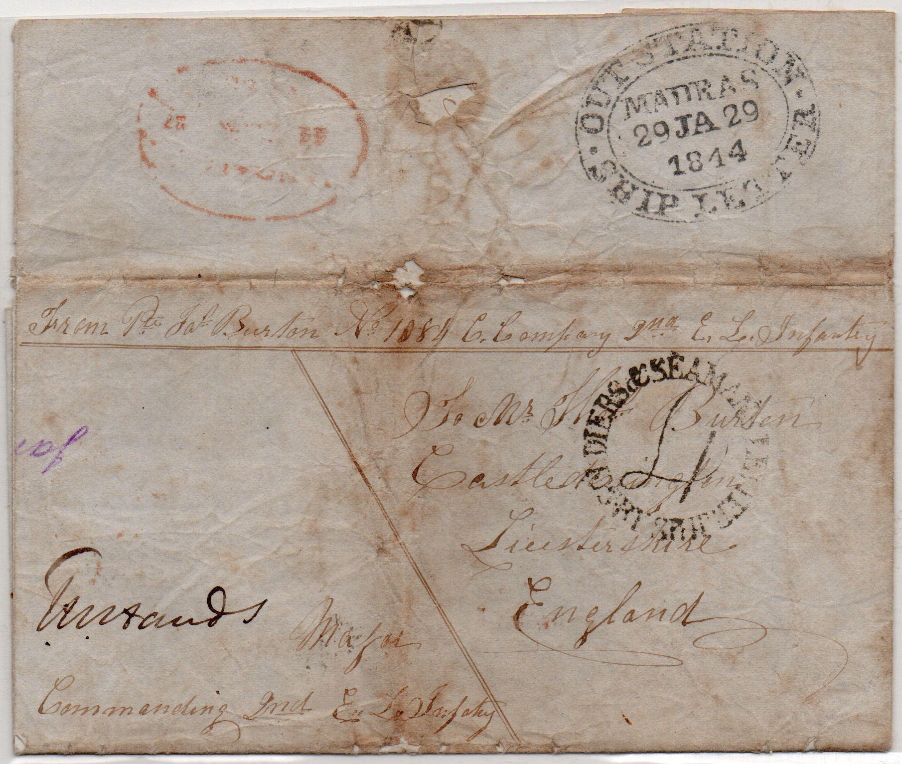 27 January 1844 Bangalore HG 11 pre stamp cover — COV-3468