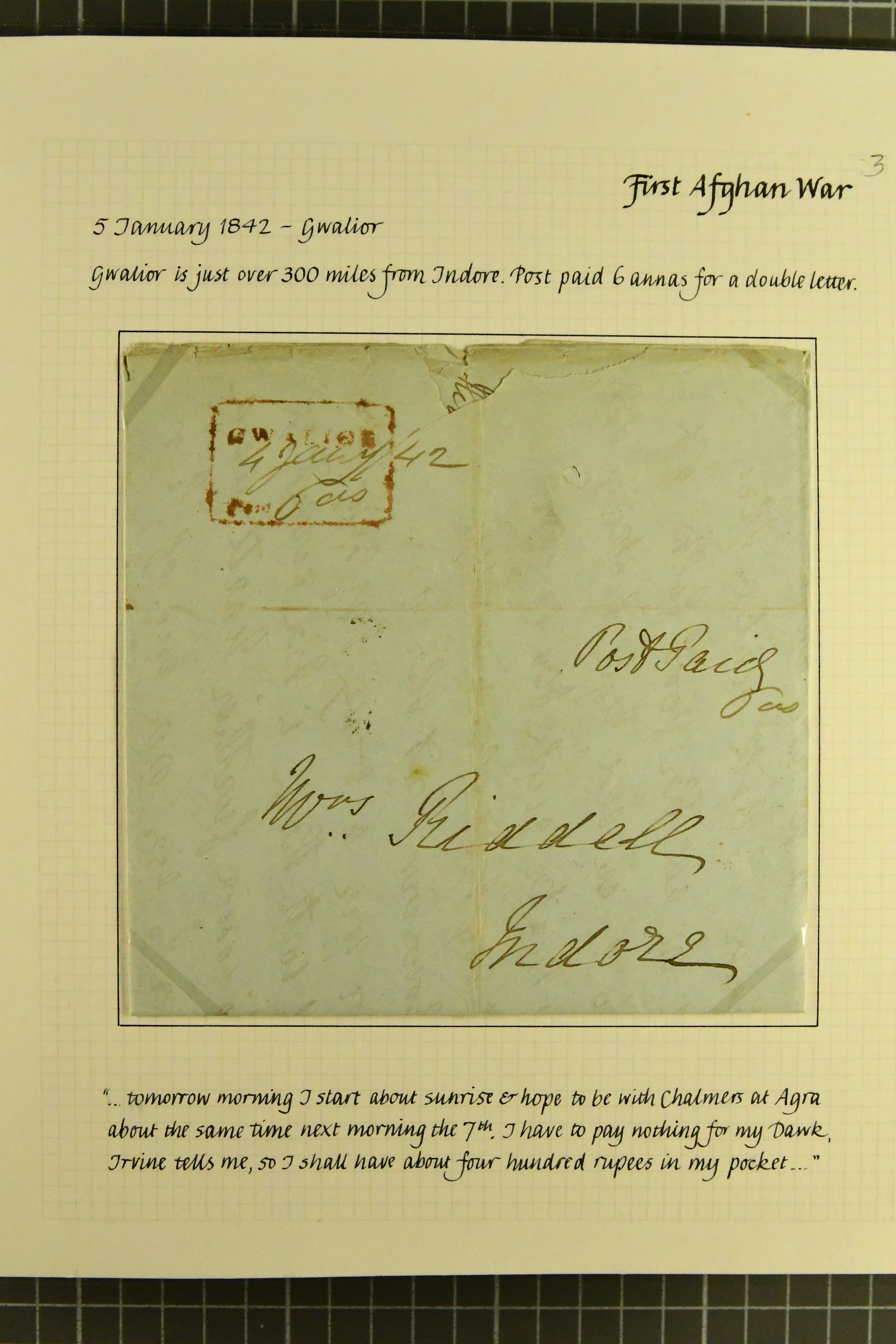 Pre-stamp cover of India — 5 January 1842, Gwalior HG 5 handstruck folded letter (COV-5052)