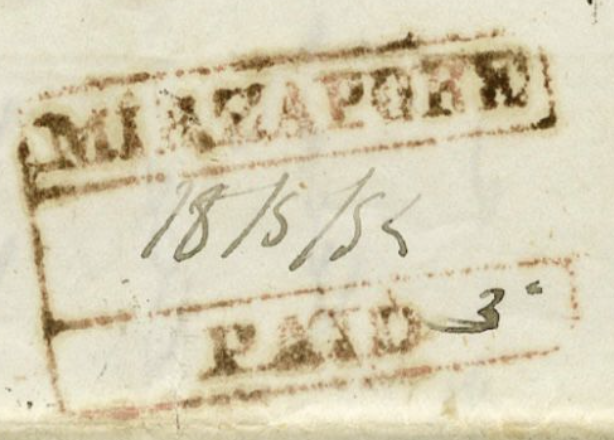 Mirzapore HG 8 — pre-1854 Indian handstamp, 1847–1855, Red