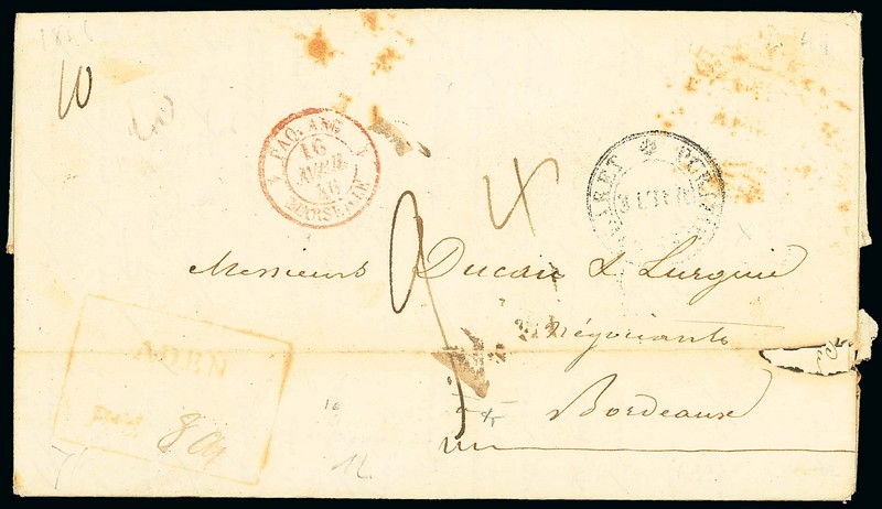 Pre-stamp cover of India — 1846, Aden FP 1 handstruck folded letter (COV-5503)