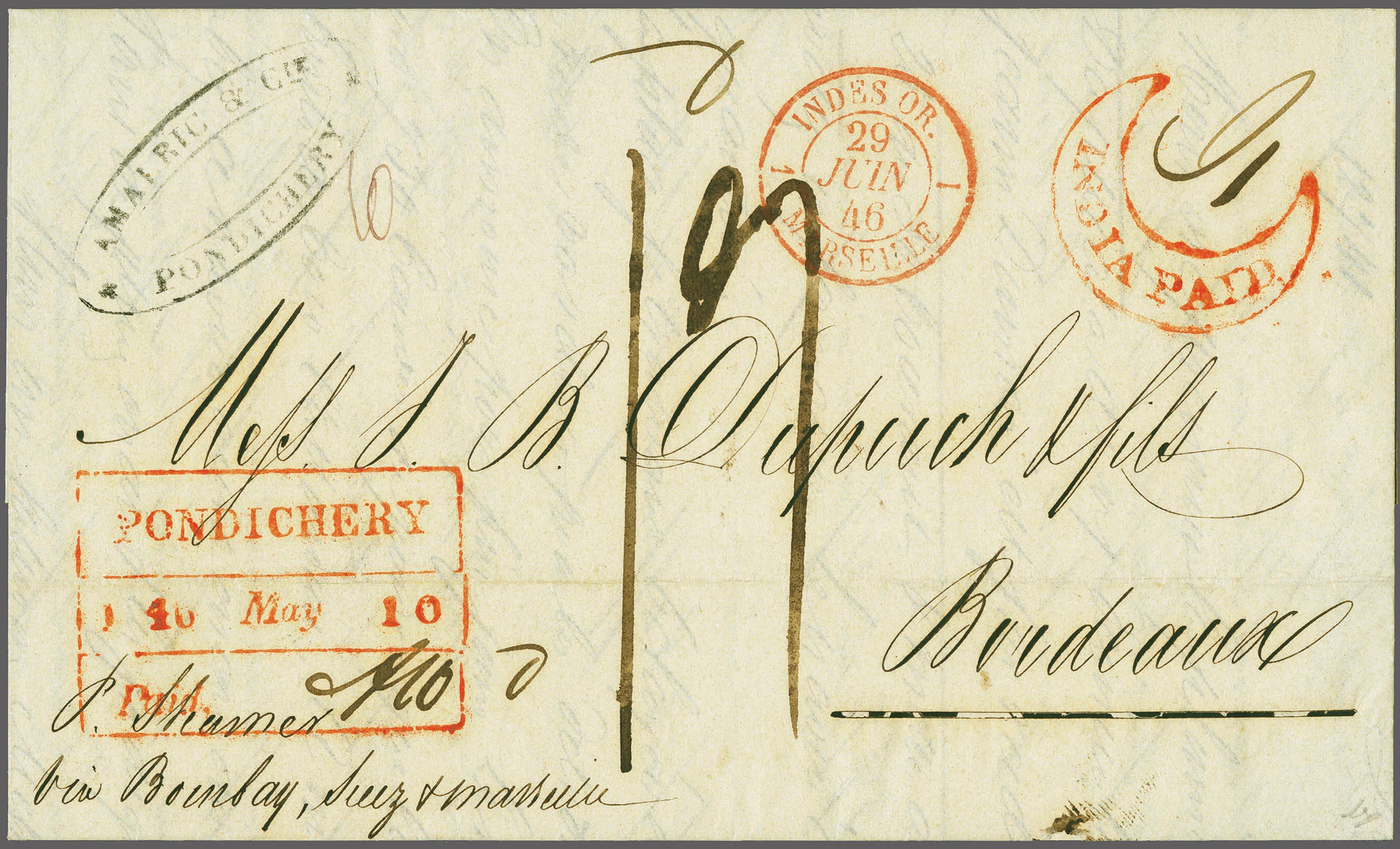 10 May 1846 Pondicherry HG 10 pre stamp cover — COV-605