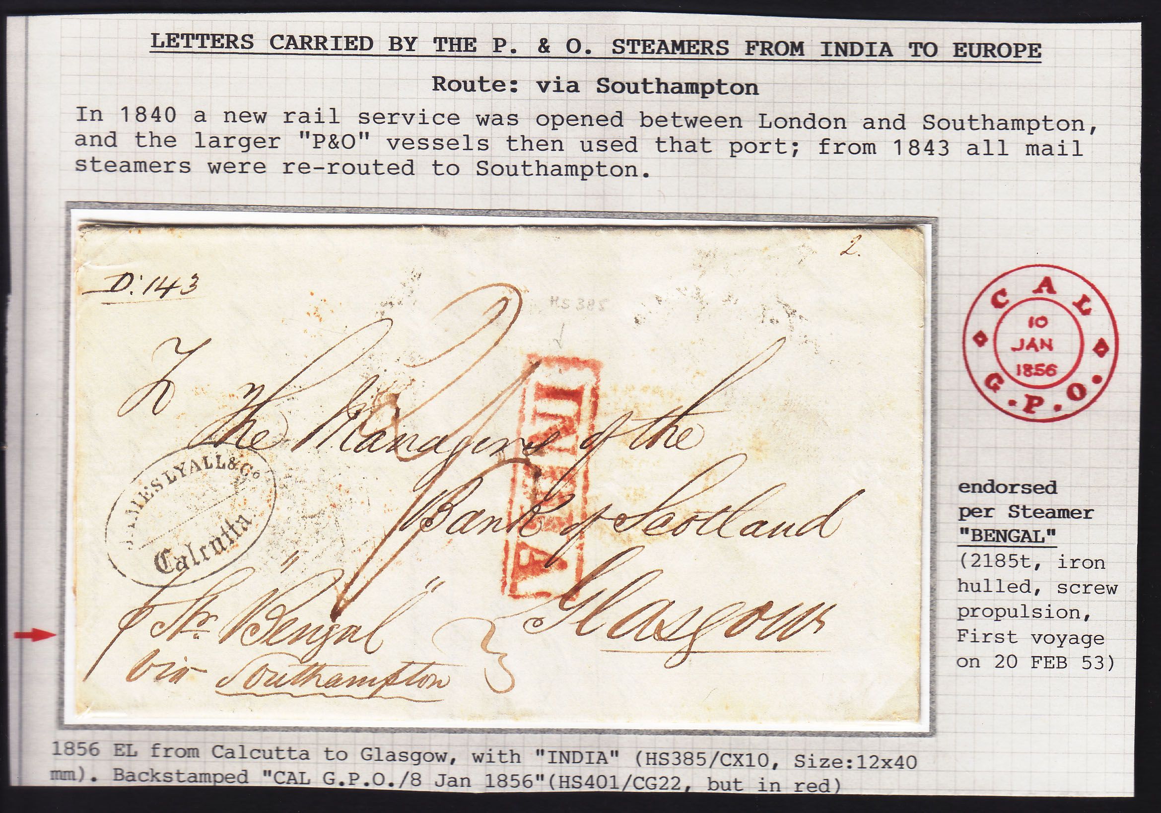1856 Calcutta SD17 pre stamp cover — COV-3644