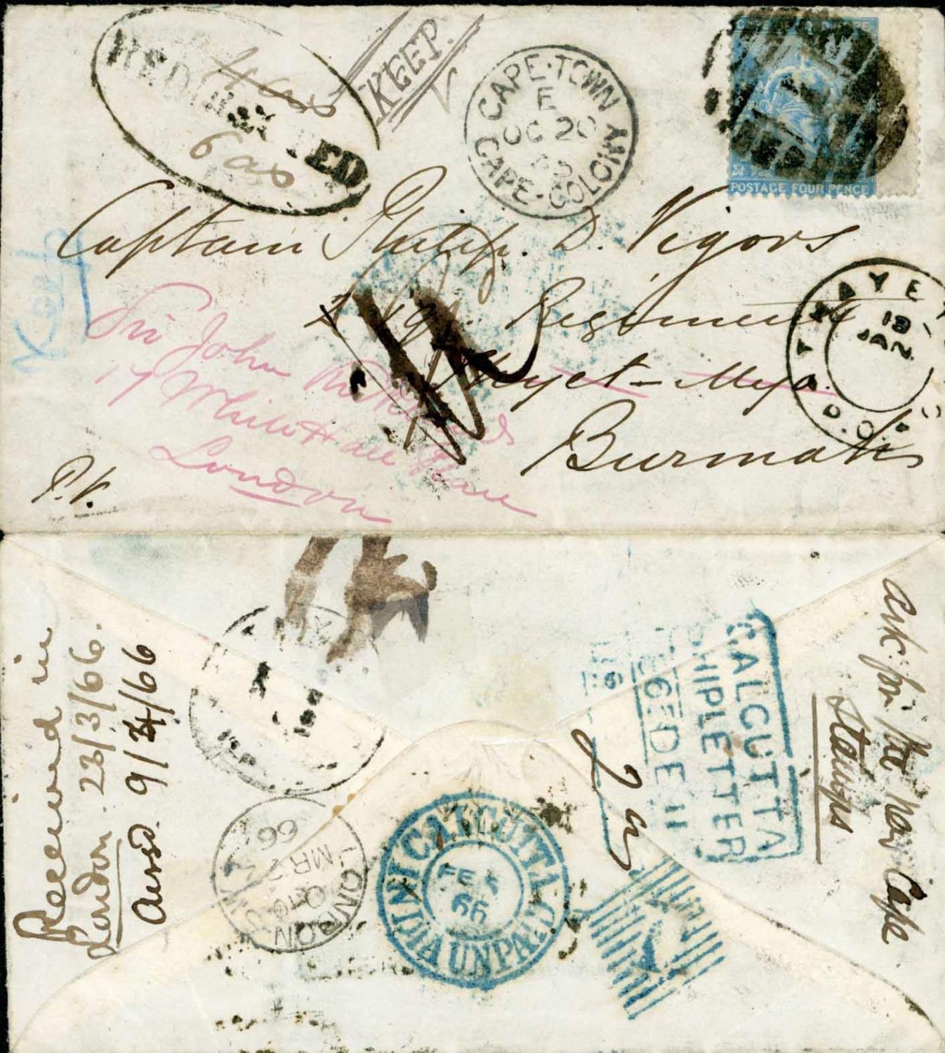 Pre-stamp cover of India — 1865, Calcutta SD31 handstruck folded letter (COV-4886)