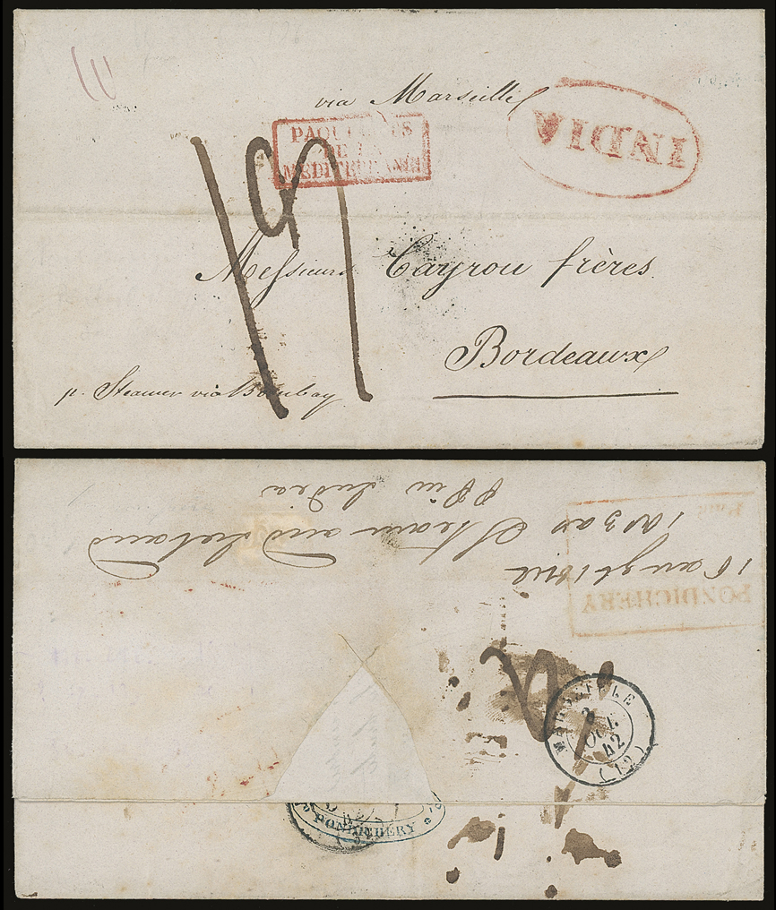Pre-stamp cover of India — 1842, Pondicherry HG 12 handstruck folded letter (COV-5402)