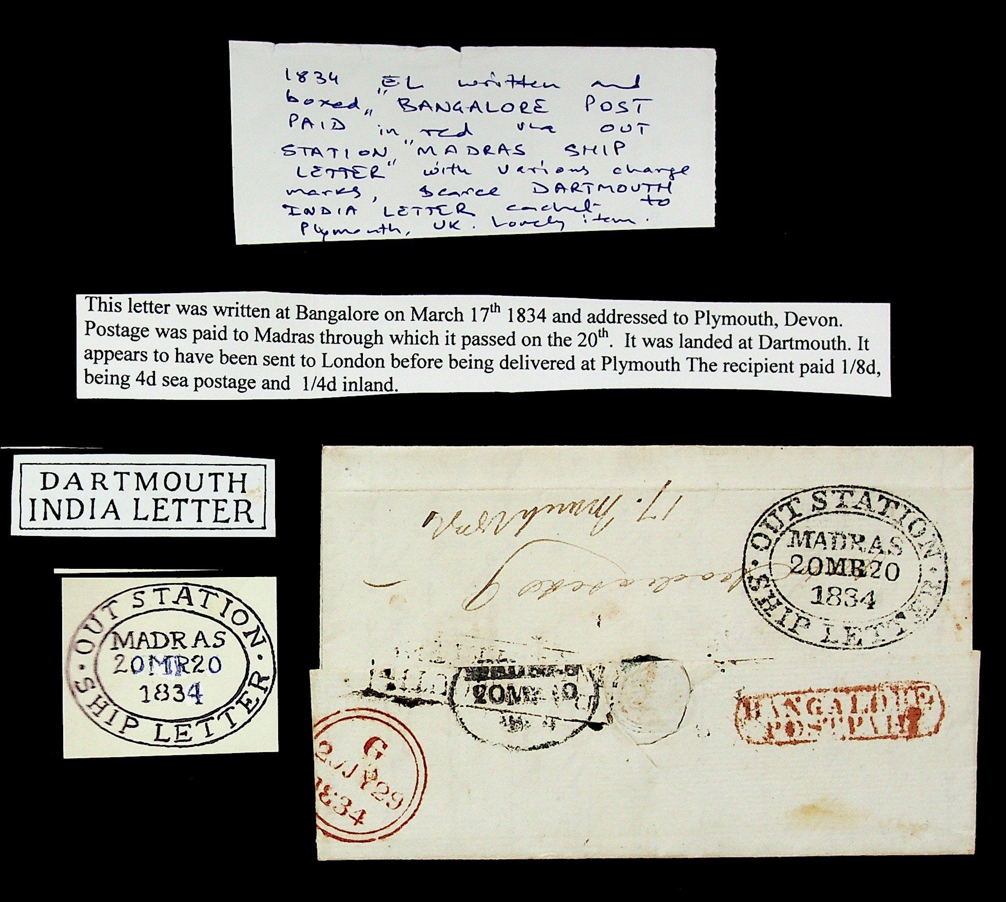 March 1834 Bangalore HG 6 pre stamp cover — COV-3846