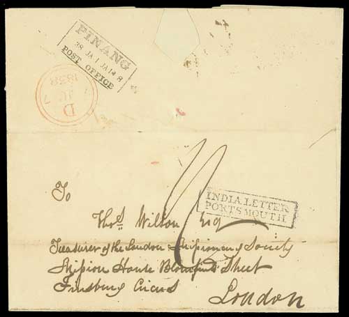 1 January 1838 Penang FP 4 pre stamp cover — COV-4108