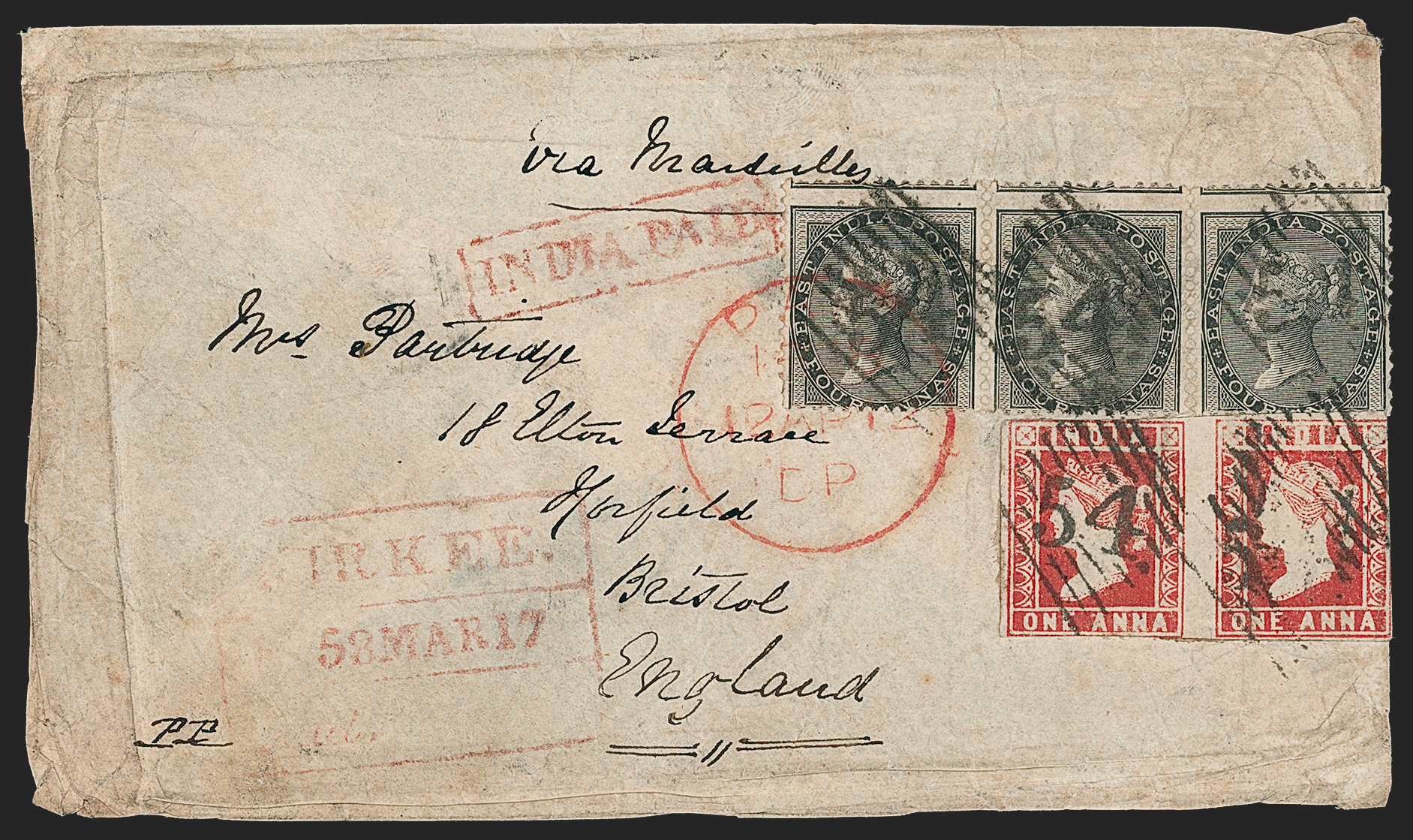 Pre-stamp cover of India — 1854, Kirkee HG 5 handstruck folded letter (COV-5664)