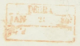 Deyrah HG 1 — pre-1854 Indian handstamp, 1855, Red