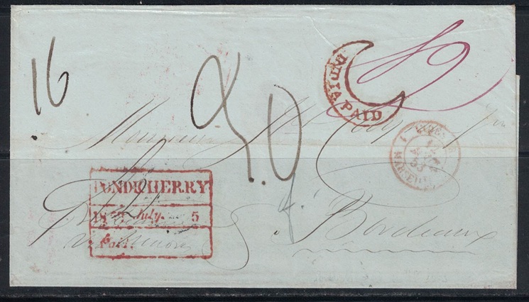 Pre-stamp cover of India — 5 July 1853, Pondicherry HG 12 handstruck folded letter (COV-5038)