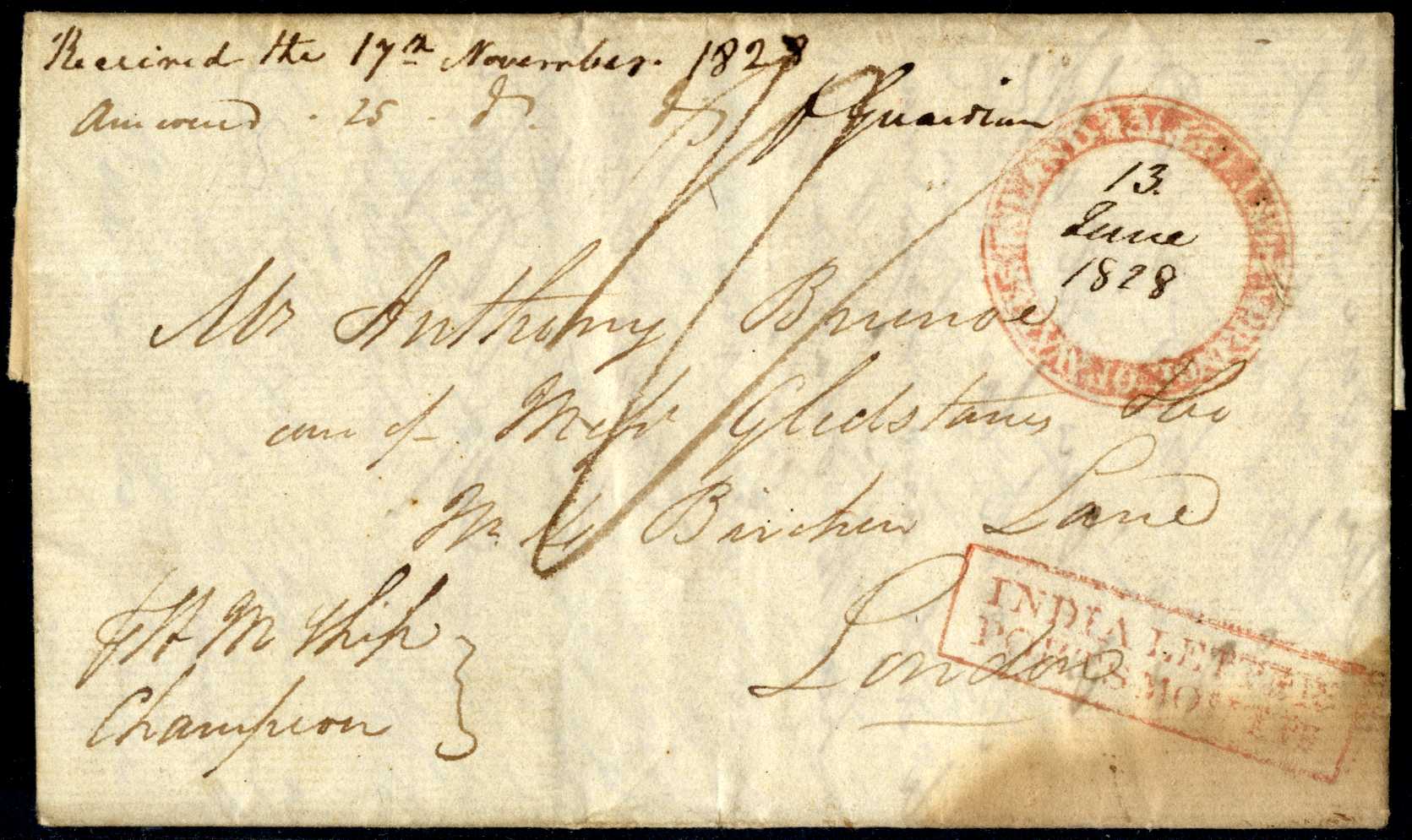 13 June 1828 Penang FP 3 pre stamp cover — COV-4106