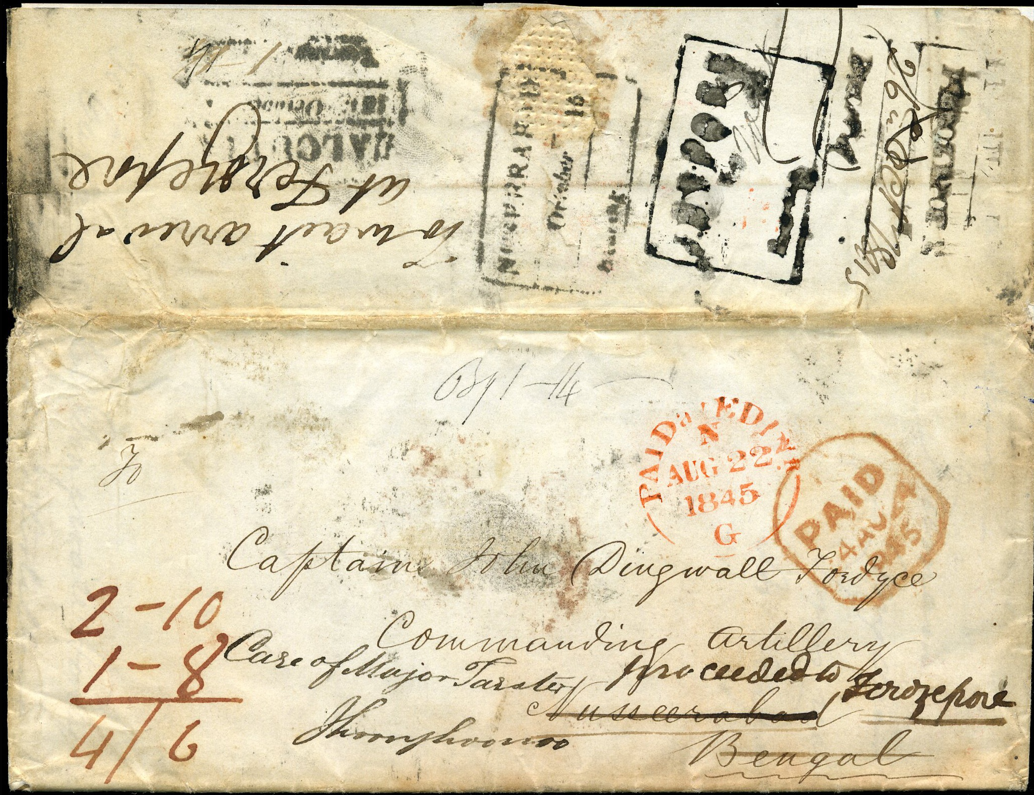 Pre-stamp cover of India — 18 October 1843, Nuseerabad HG 2 handstruck folded letter (COV-5440)