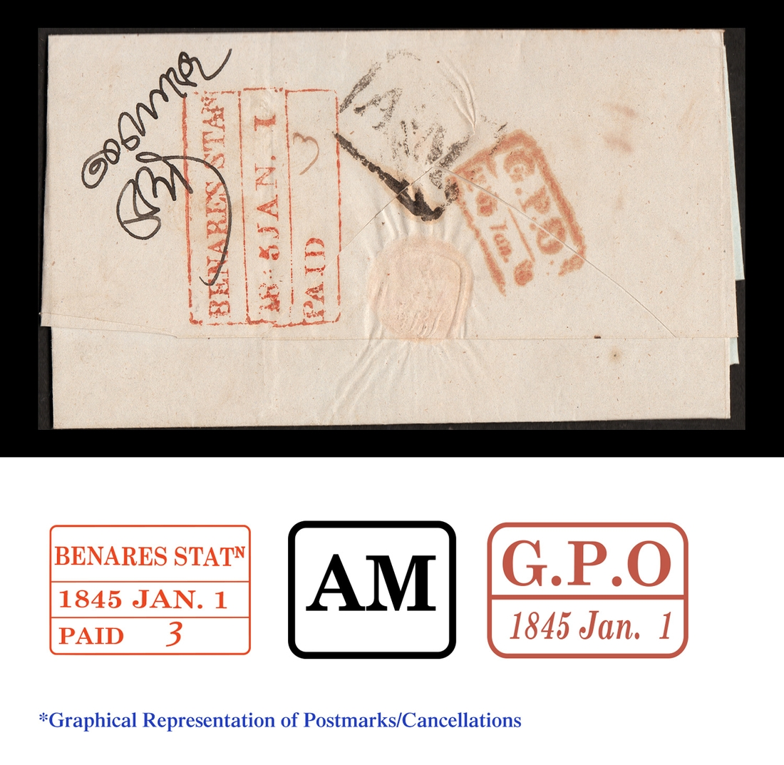 Pre-stamp cover of India — 1 January 1845, Benares HG 12 handstruck folded letter (COV-3690)