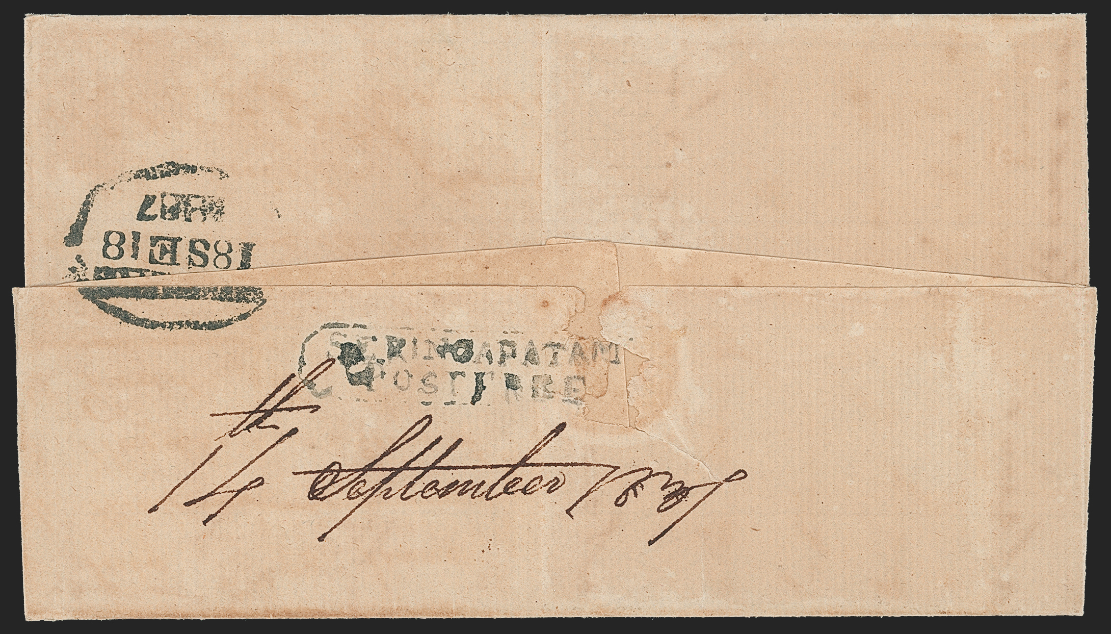 14 September 1837 Seringapatam HG 6 pre stamp cover — COV-502
