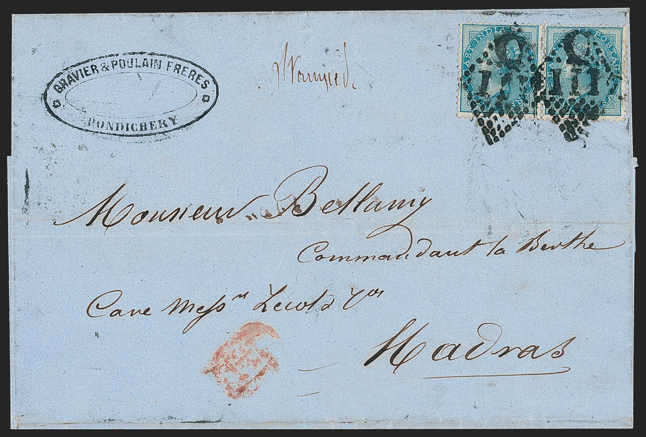 Pre-stamp cover of India — 1855, Pondicherry HG 12 handstruck folded letter (COV-5335)