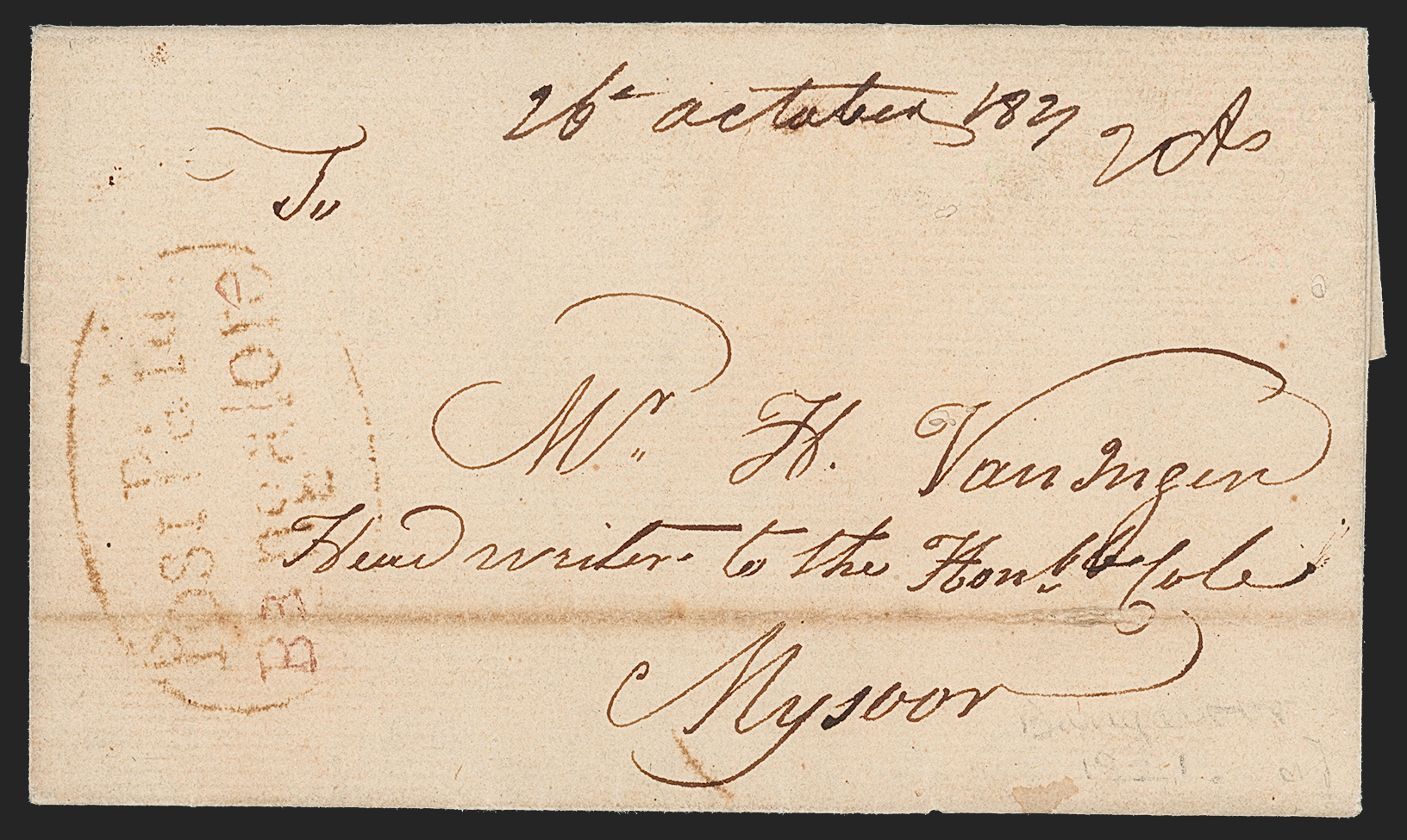 Pre-stamp cover of India — 26 October 1821, Bangalore HG 2 handstruck folded letter (COV-5618)