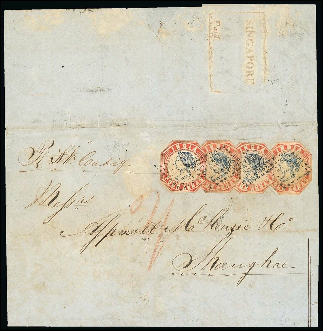 Pre-stamp cover of India — 1855, Singapore FP 3 handstruck folded letter (COV-5509)