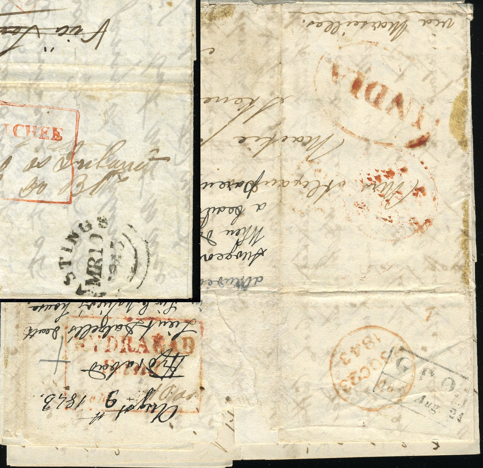 Pre-stamp cover of India — 9 August 1843, Hydrabad (Scind) HG 2 handstruck folded letter (COV-5442)