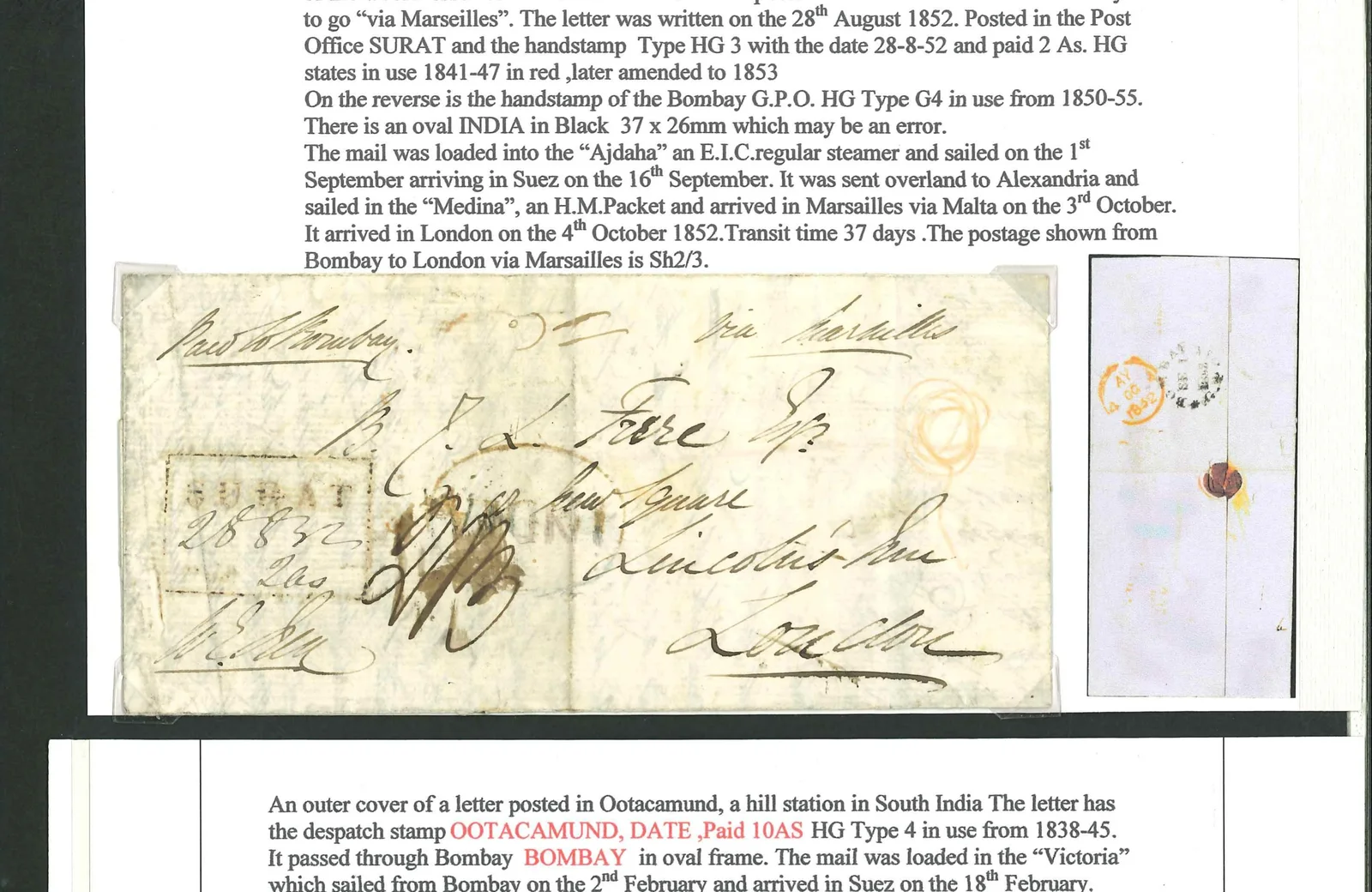 Pre-stamp cover of India — 28 August 1852, Surat HG 3 handstruck folded letter (COV-5003)