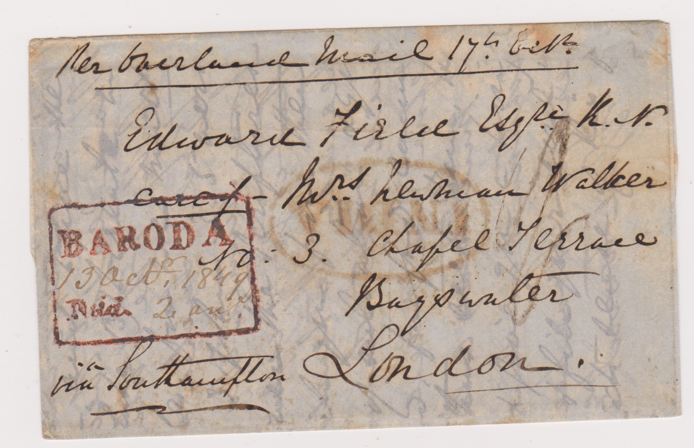 13 October 1849 Baroda HG 1 pre stamp cover — COV-3999