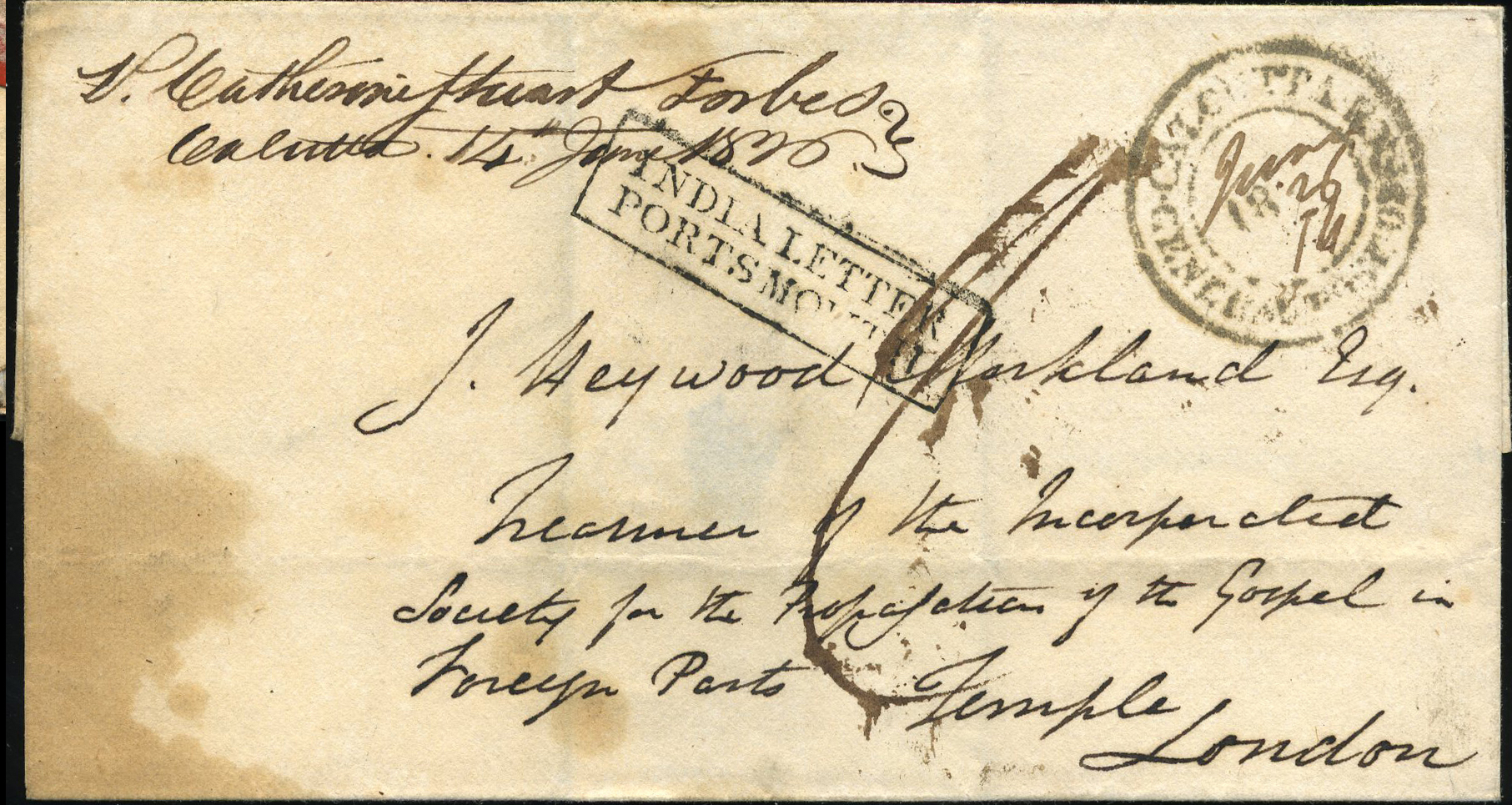 Pre-stamp cover of India — 14 June 1826, Calcutta SD8b handstruck folded letter (COV-5443)