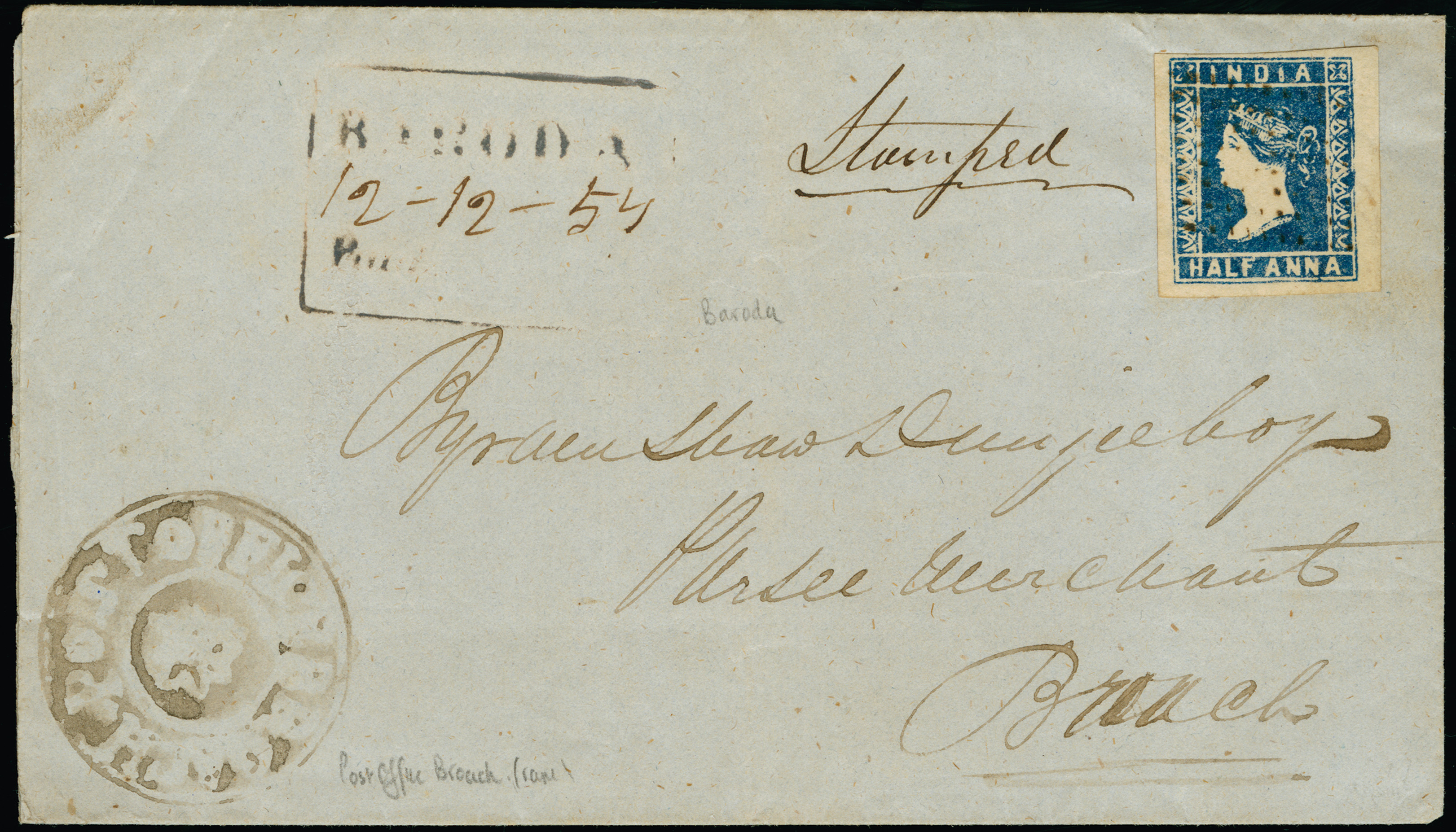 Pre-stamp cover of India — 12-12 54, Baroda HG 1 handstruck folded letter (COV-5228)