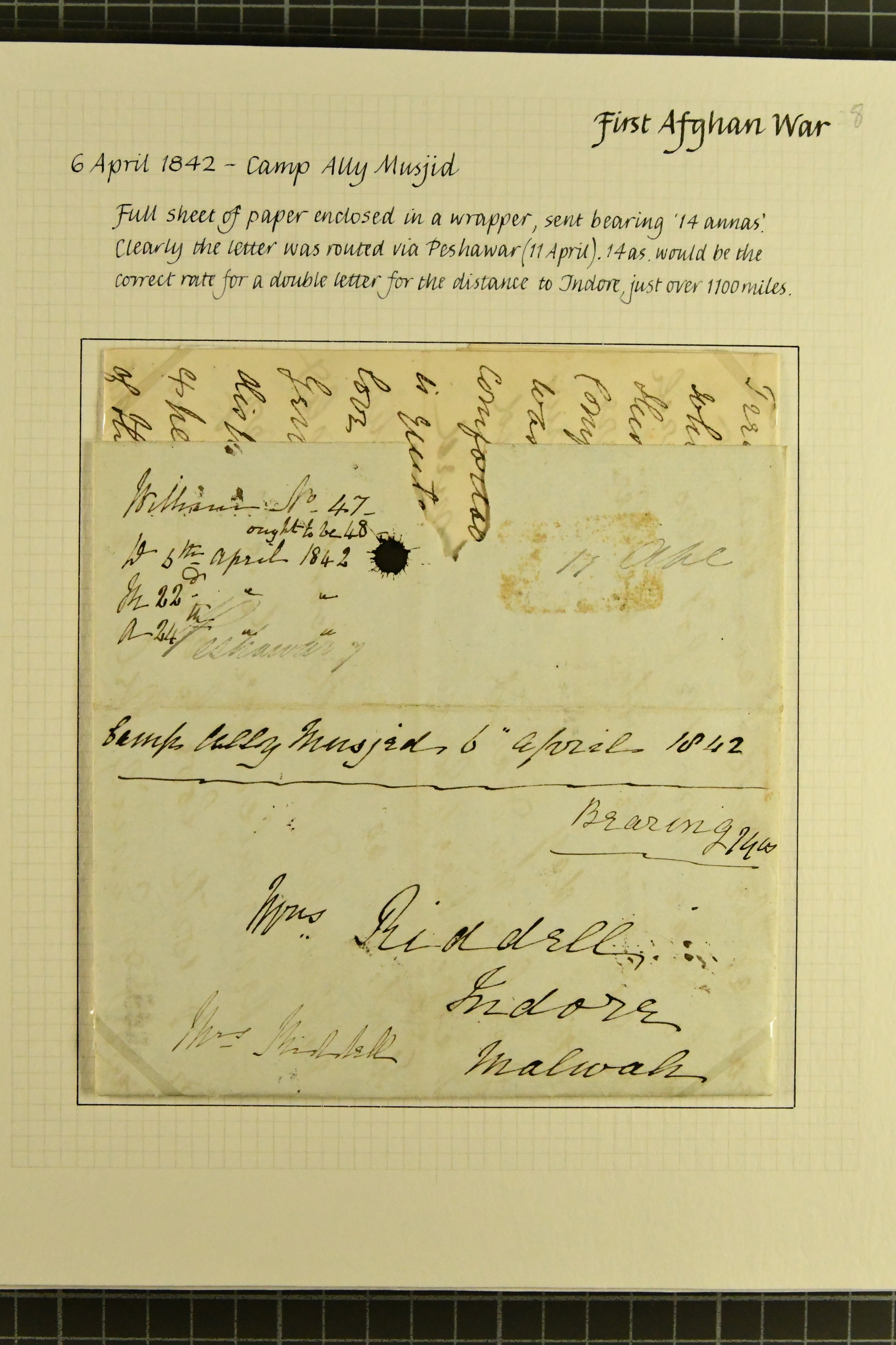 Pre-stamp cover of India — 6 April 1842, Peshawur HG 1 handstruck folded letter (COV-5104)