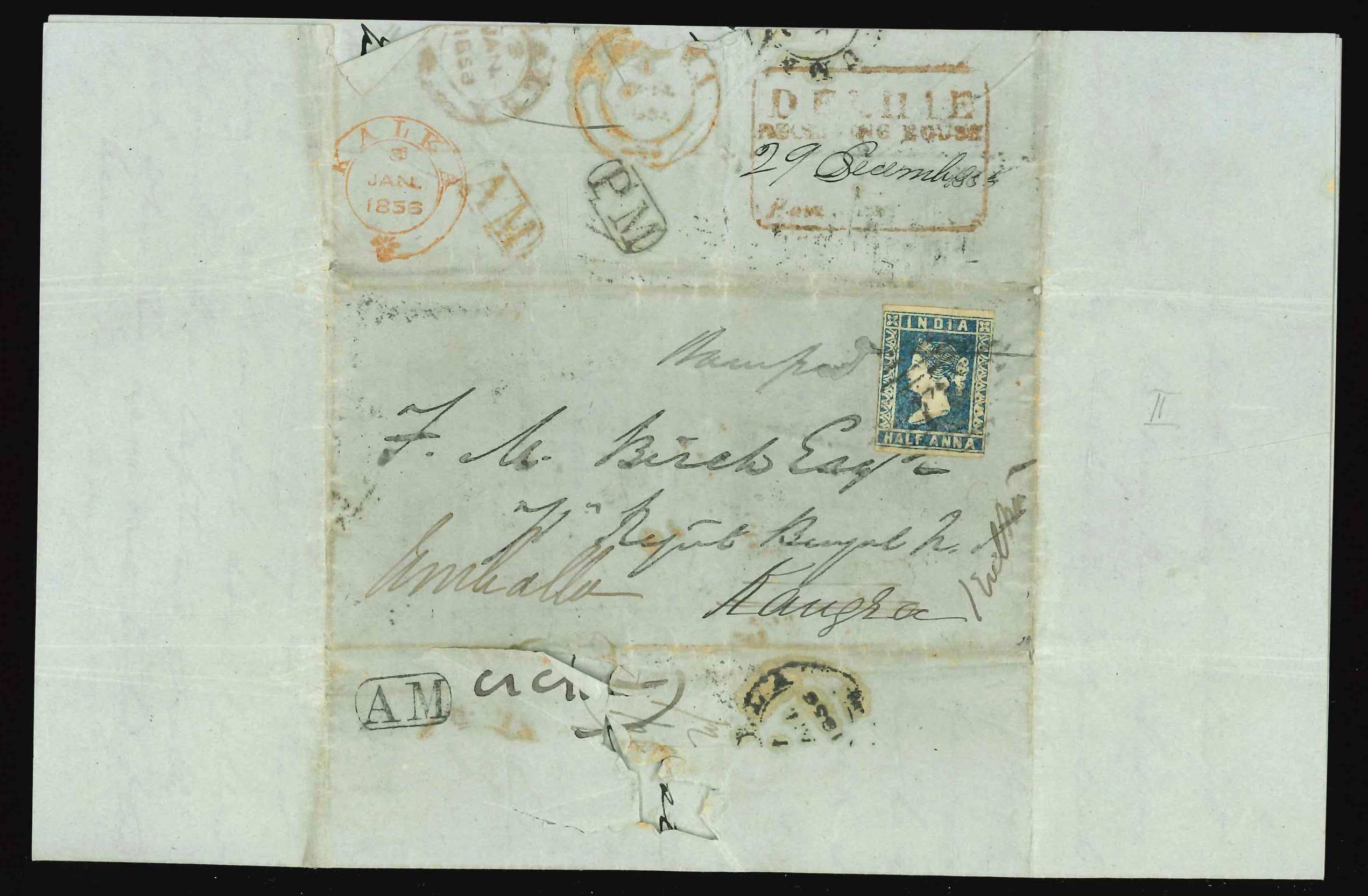 Pre-stamp cover of India — 1854, Delhi HG 14 handstruck folded letter (COV-5000)
