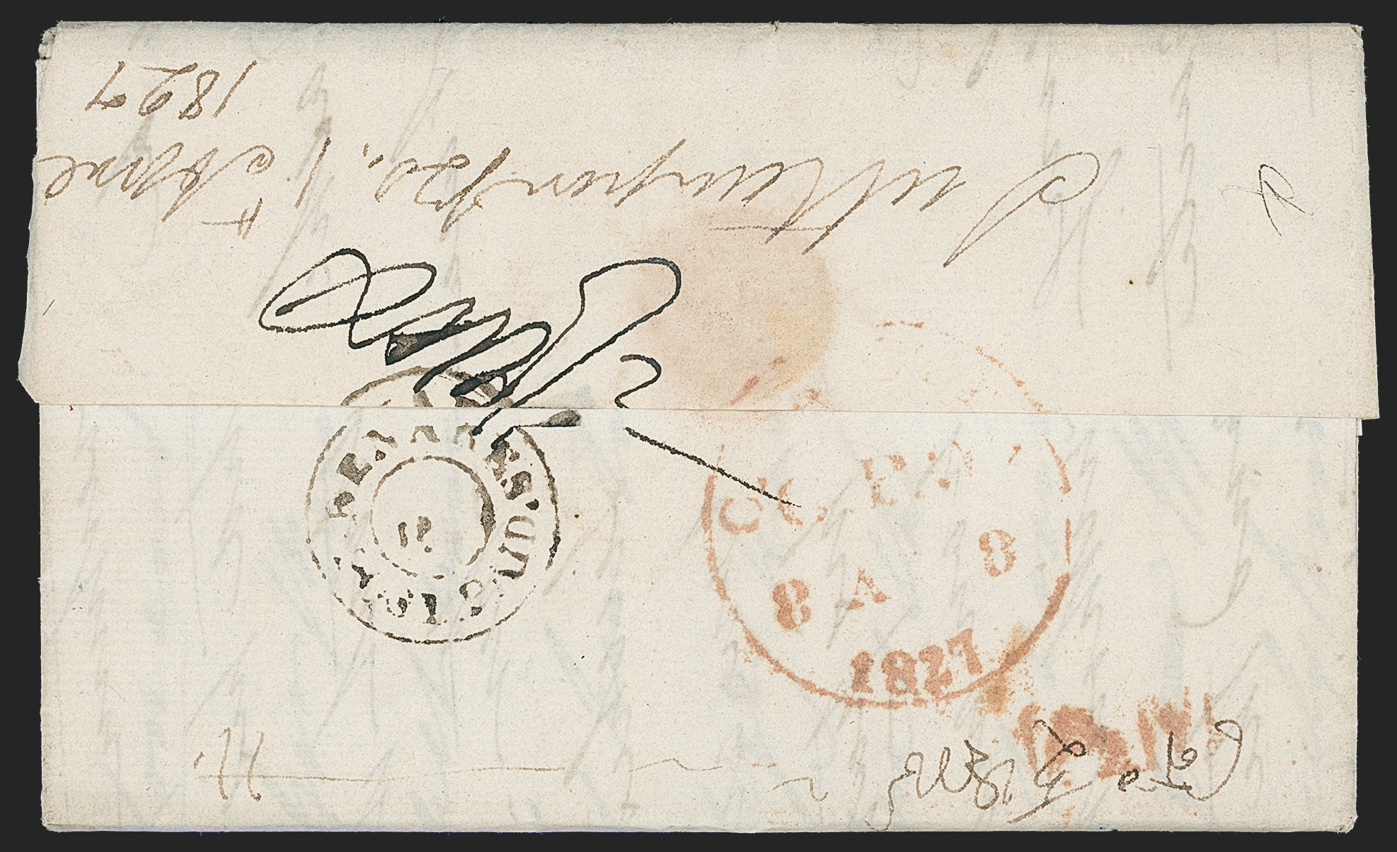Pre-stamp cover of India — 1 April 1827, Benares HG 3 handstruck folded letter (COV-5248)