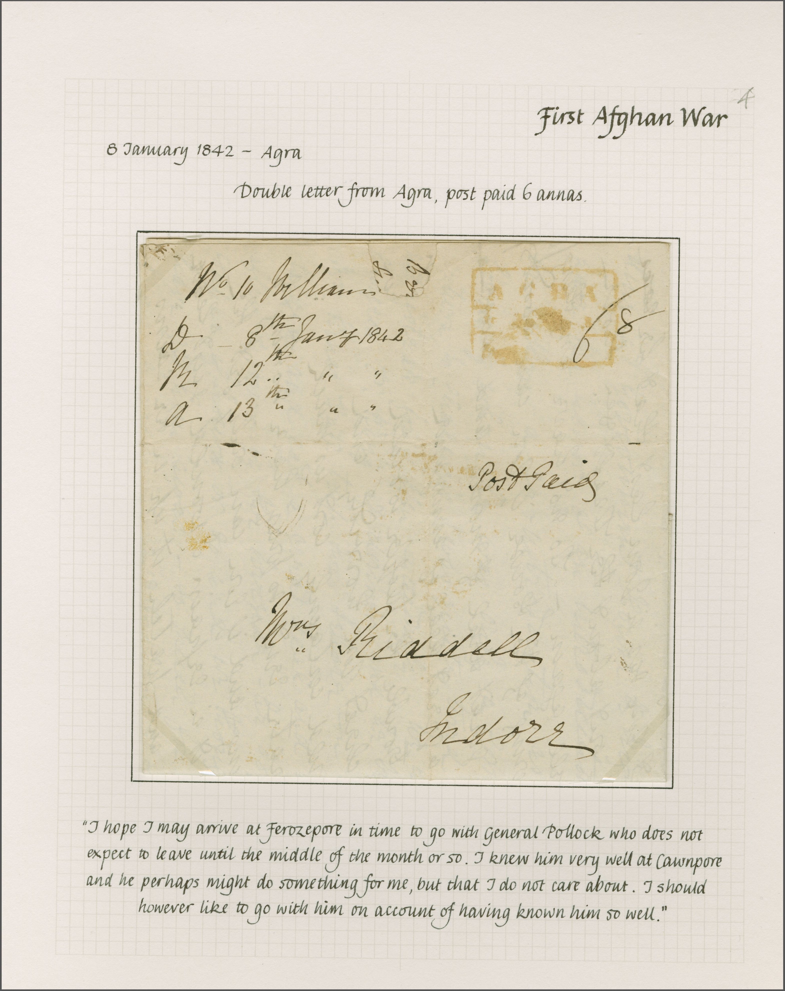 Pre-stamp cover of India — 8 January 1848, Agra HG 6 handstruck folded letter (COV-5040)