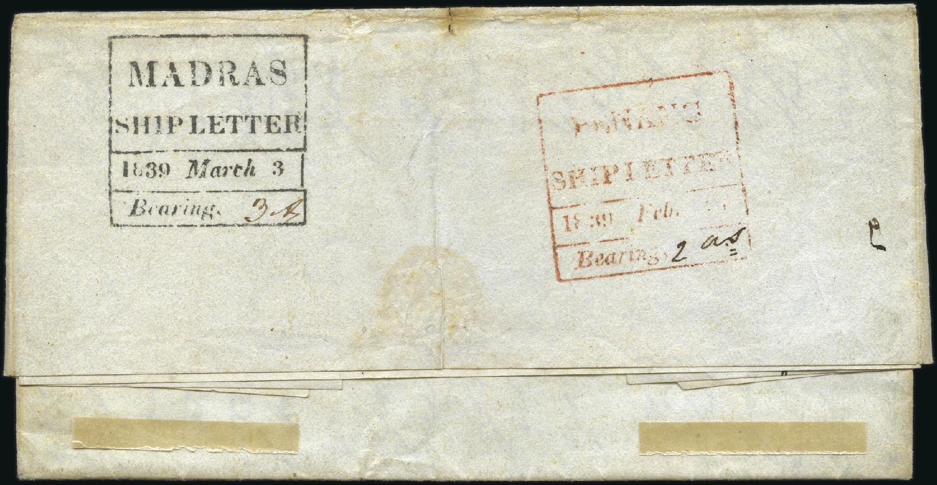 Pre-stamp cover of India — 17 February 1839, Penang FP 12 handstruck folded letter (COV-4380)