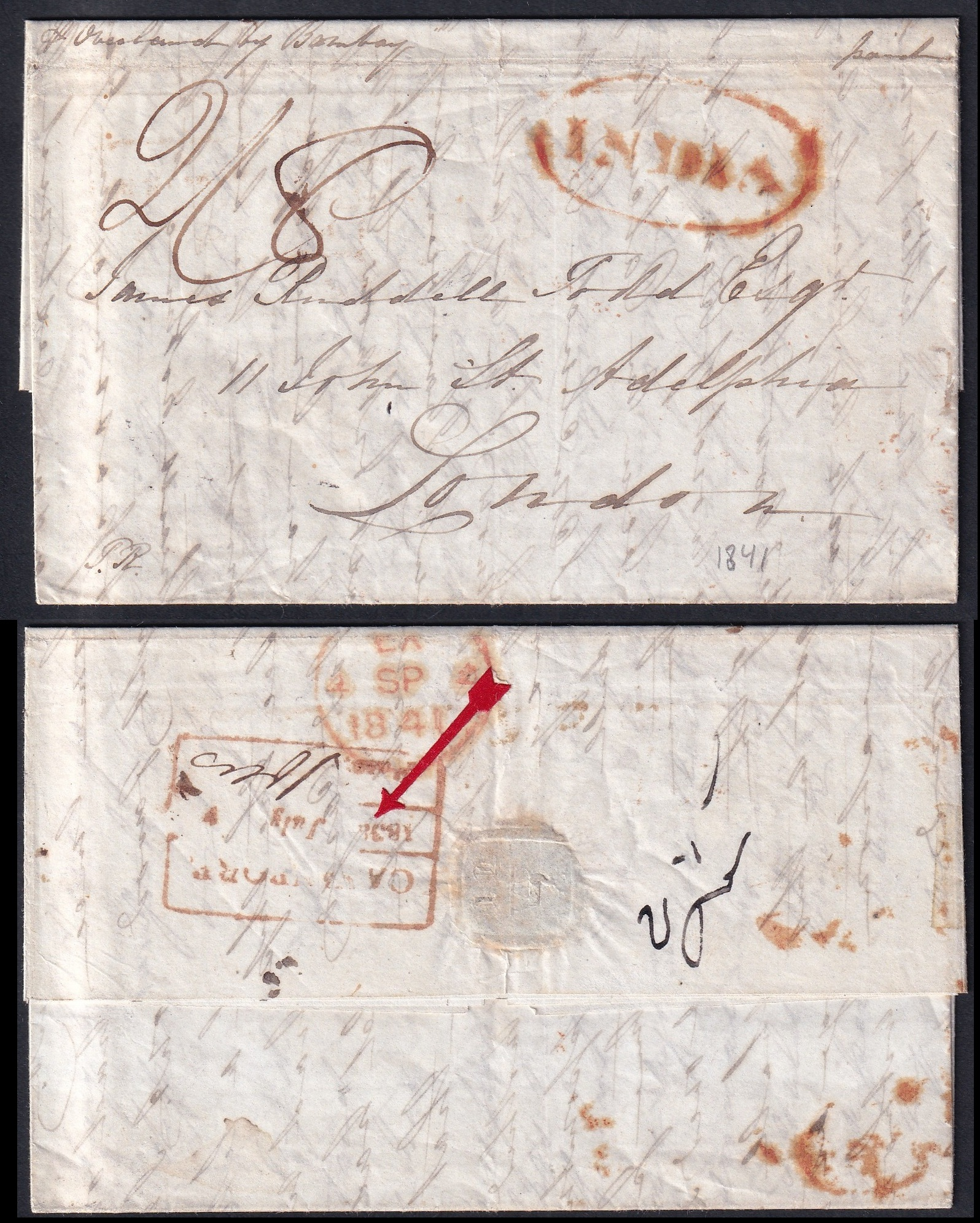 Pre-stamp cover of India — 1841, Cawnpore HG 9 handstruck folded letter (COV-5585)
