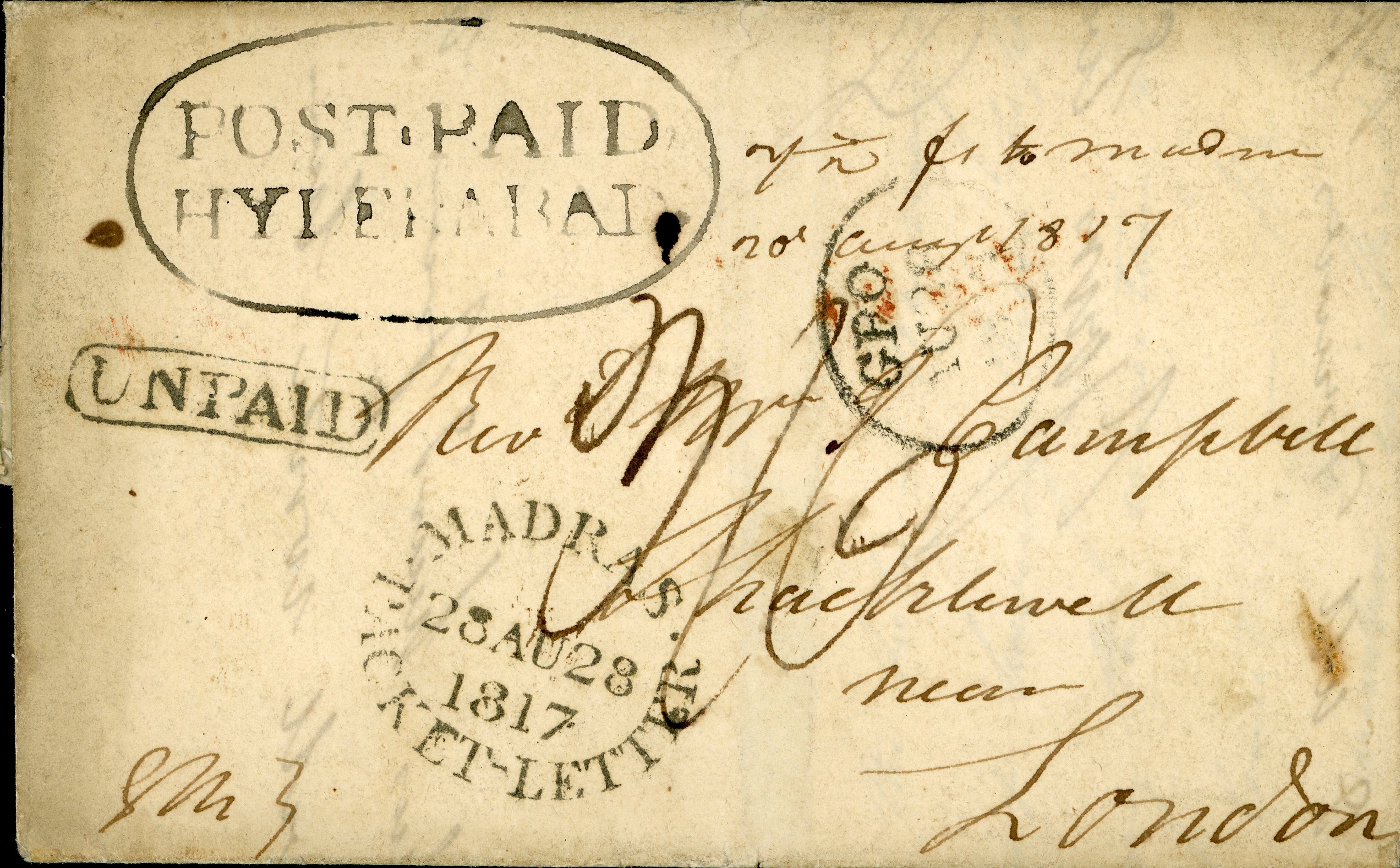 Hyderabad HG 1 pre stamp cover — front (COV-53)