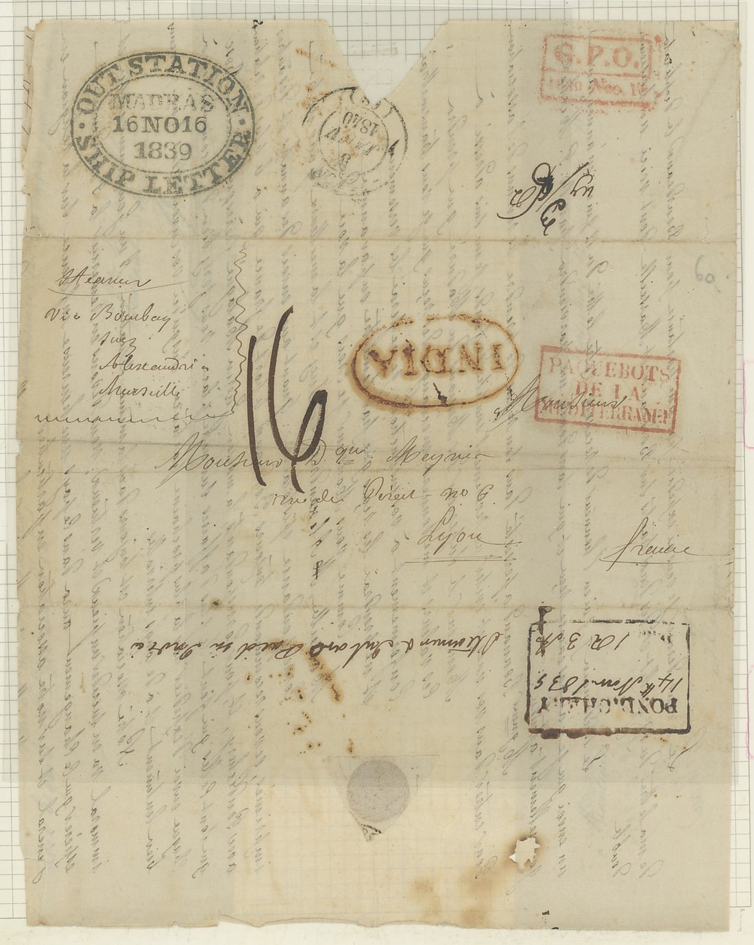 Pre-stamp cover of India — 1839, Pondicherry HG 10 handstruck folded letter (COV-5197)