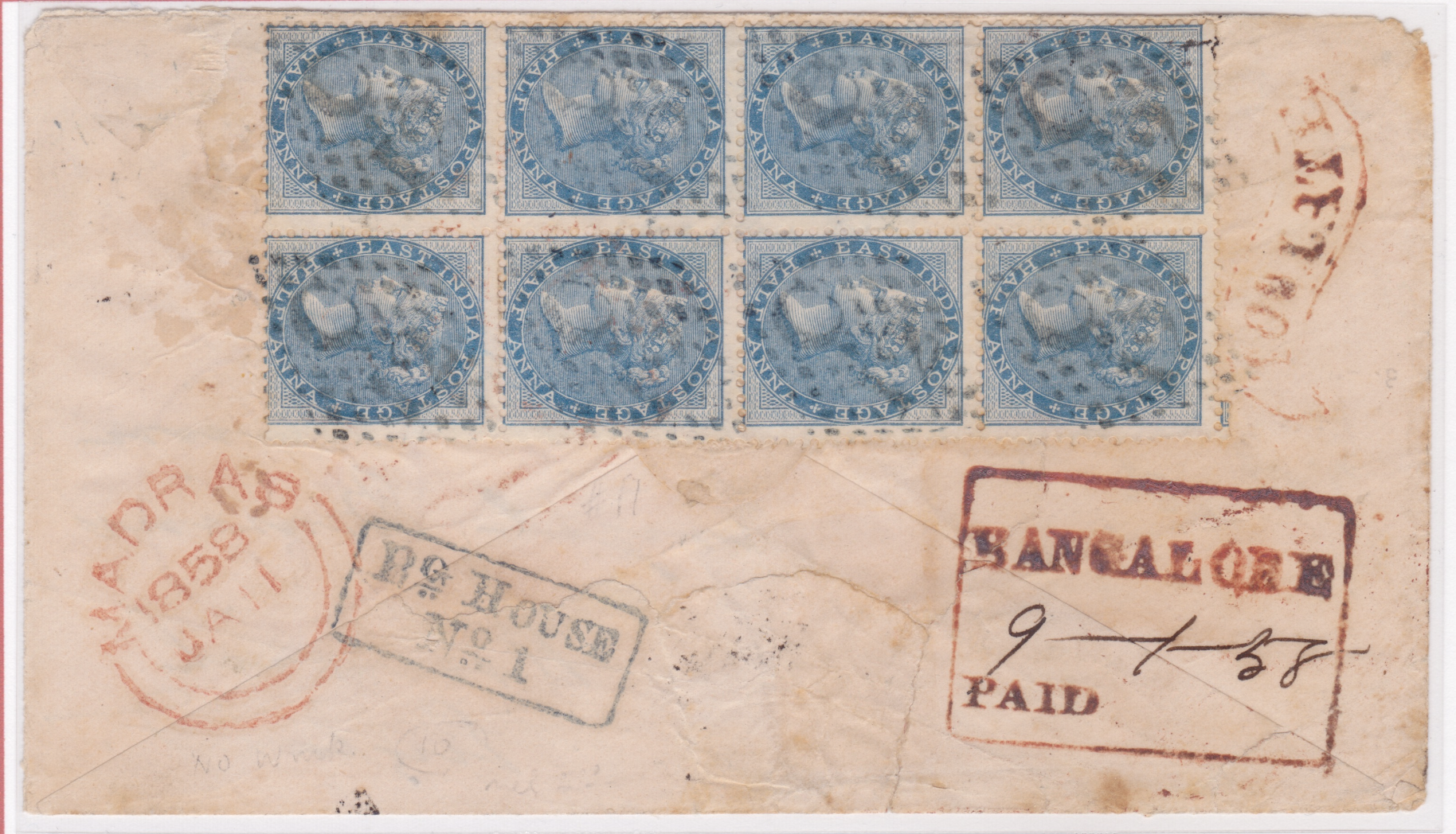 9 January 1858 Bangalore HG 14 pre stamp cover — COV-4160