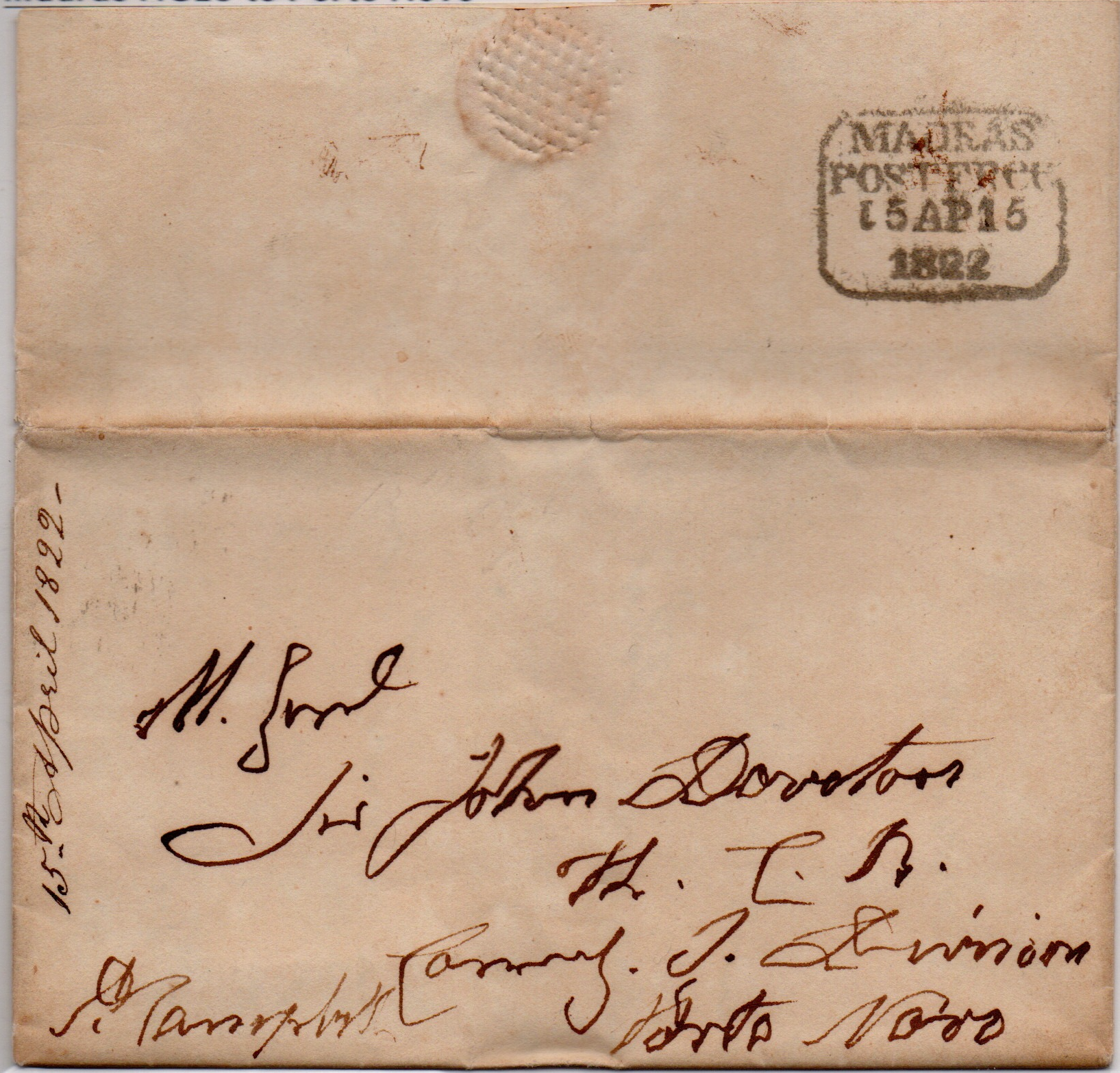 15 April 1822 Madras HG 13 pre stamp cover — COV-3467
