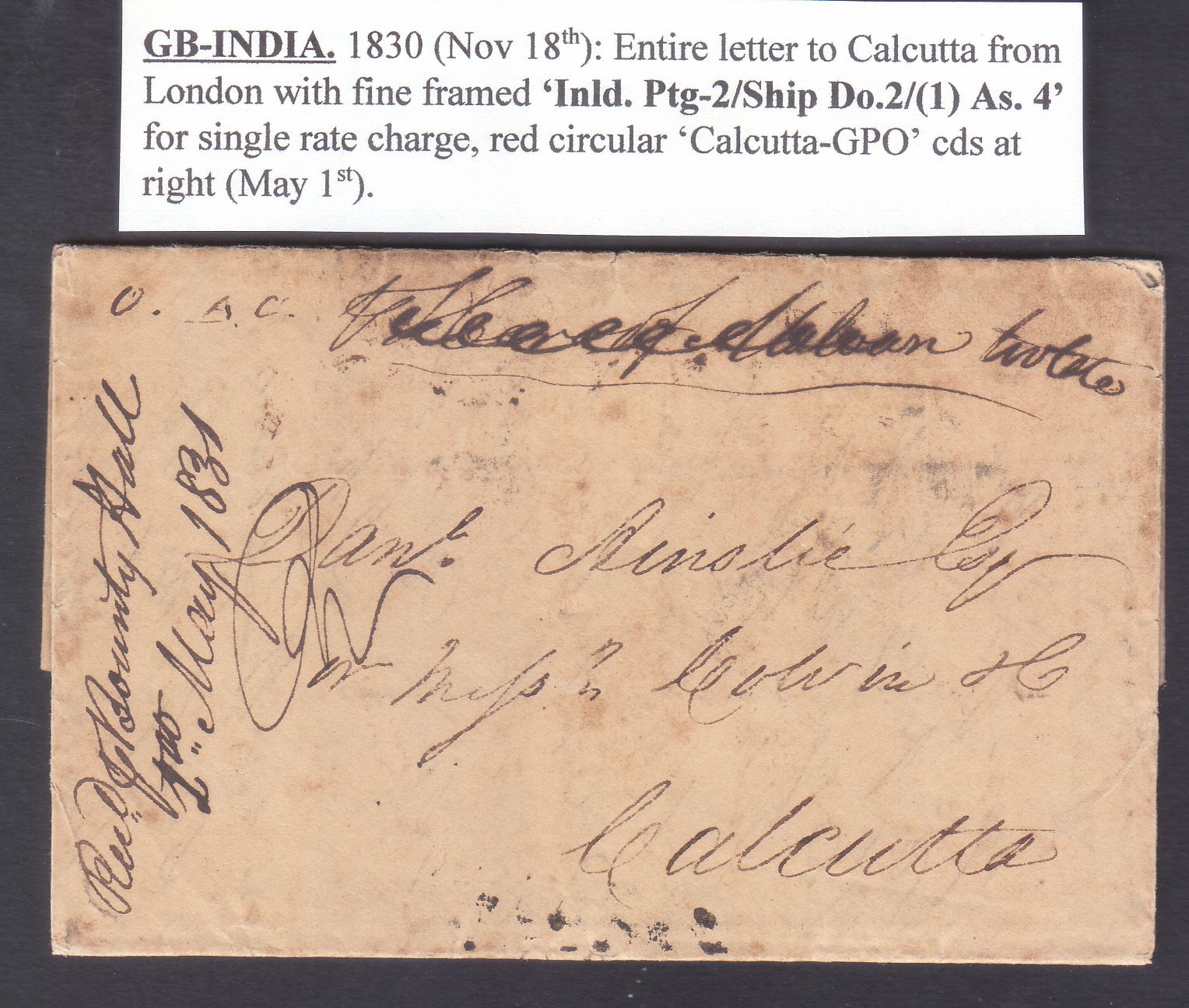 Pre-stamp cover of India — 1831, Calcutta SR17 handstruck folded letter (COV-5162)