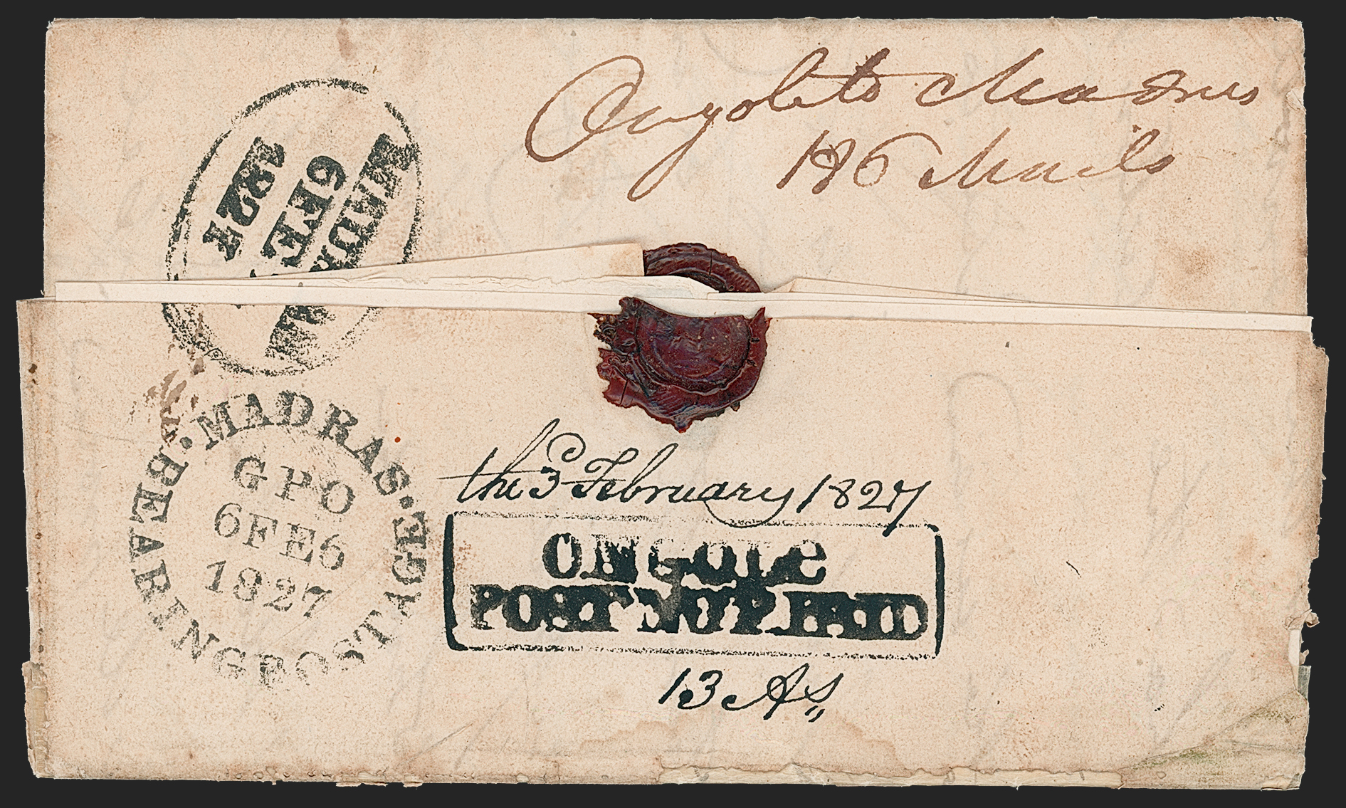 Pre-stamp cover of India — 3 February 1827, Ongole HG 1 handstruck folded letter (COV-5307)
