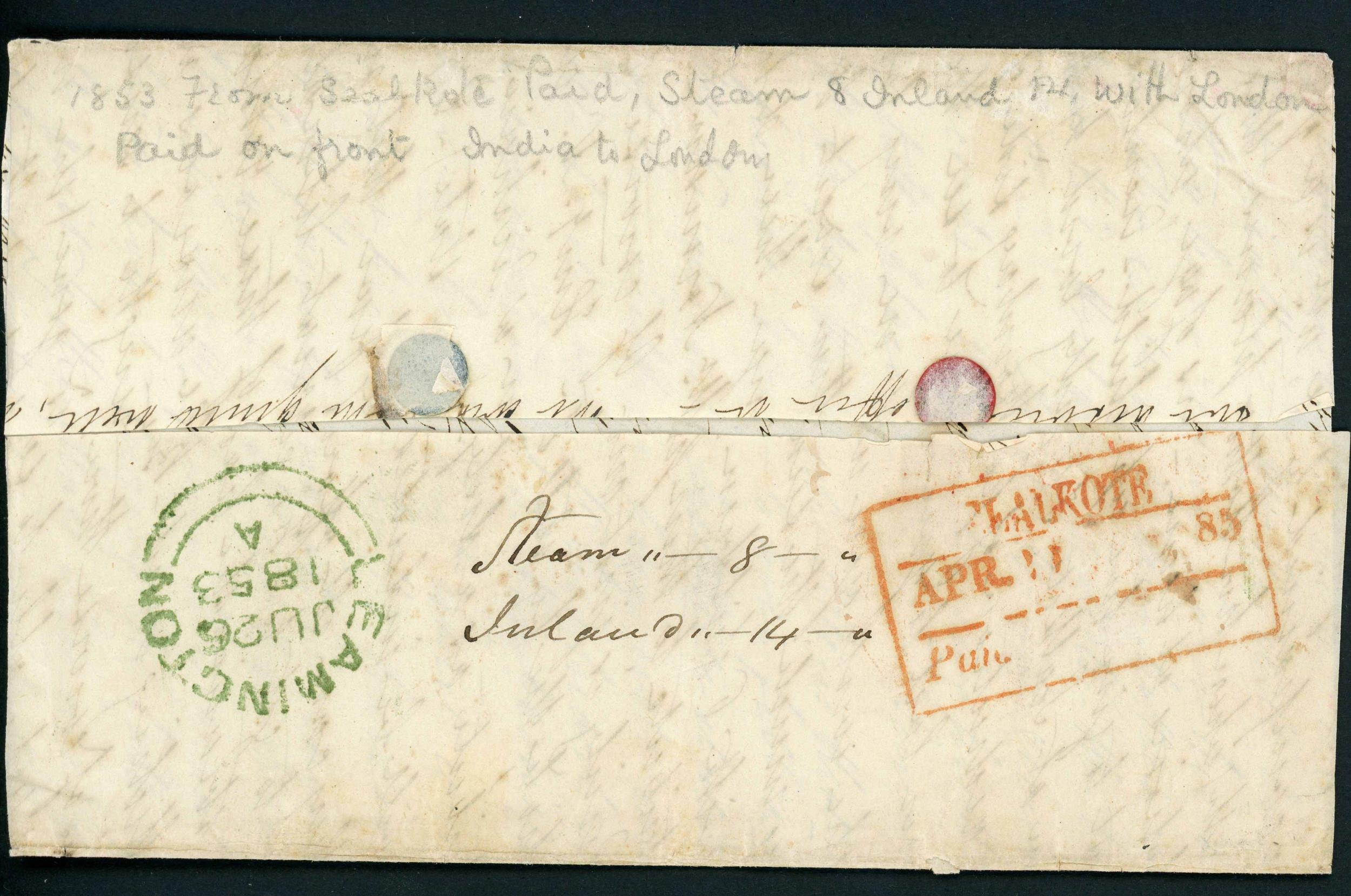 COV-2535 — 11 April 1853 Sealkote HG 2 pre-stamp cover