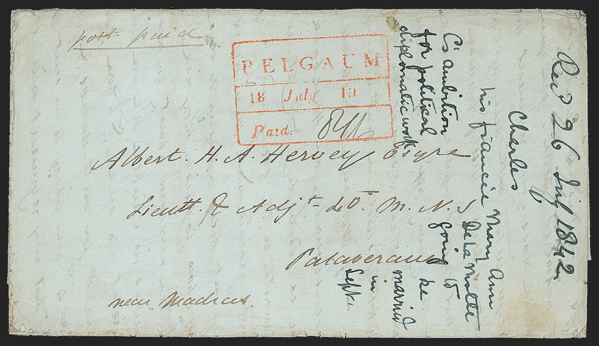 Pre-stamp cover of India — 19 July 1842, Belgaum HG 3 handstruck folded letter (COV-5243)