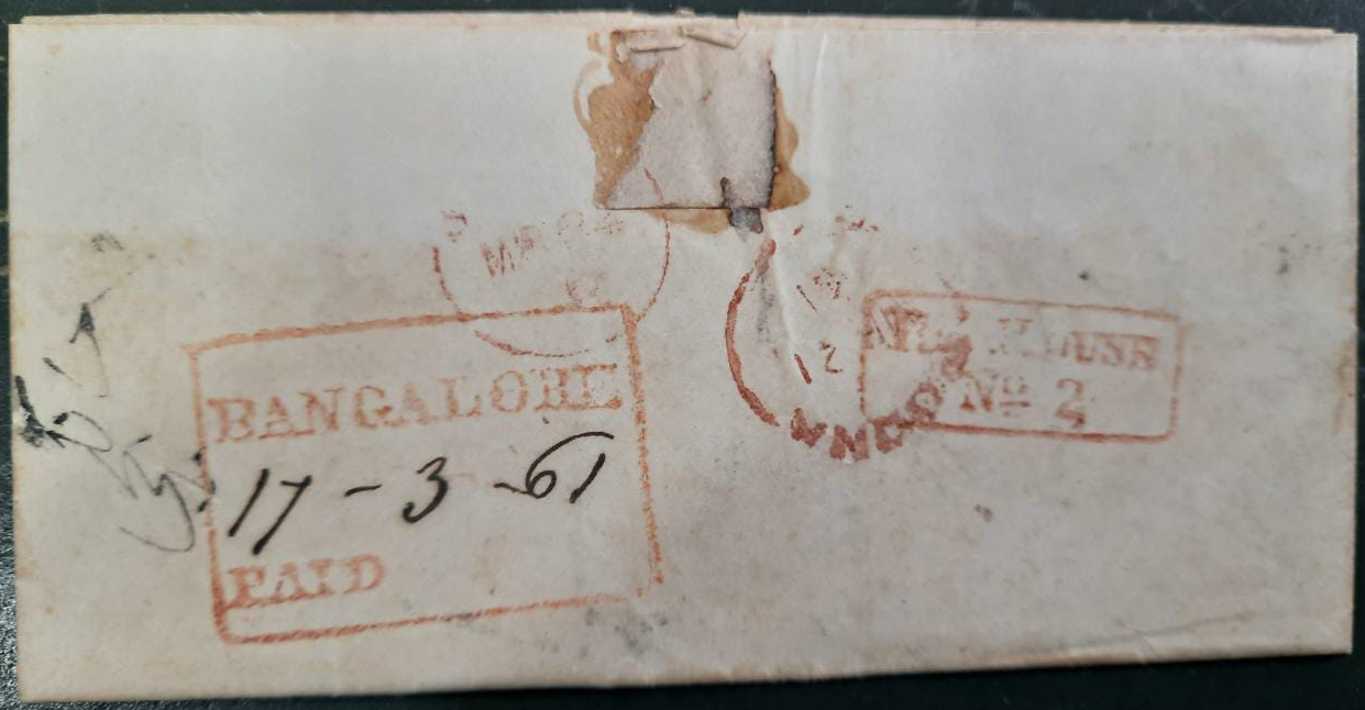 Pre-stamp cover of India — 17 March 1861, Bangalore HG 14 handstruck folded letter (COV-5423)