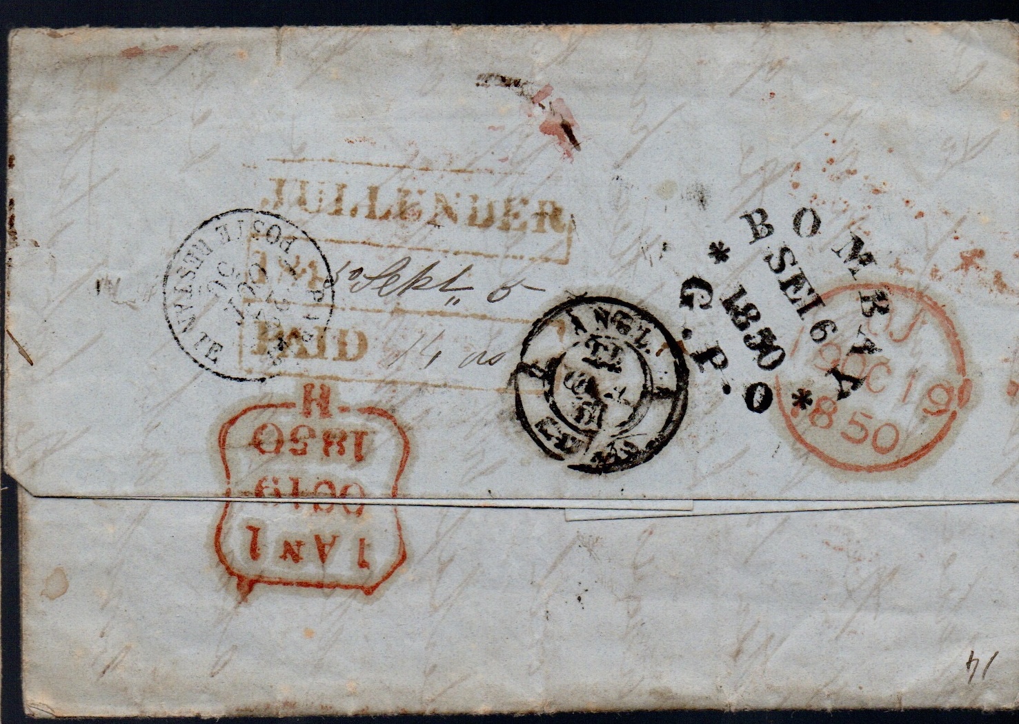 5 September 1850 Jullunder HG 1 pre stamp cover — COV-2907