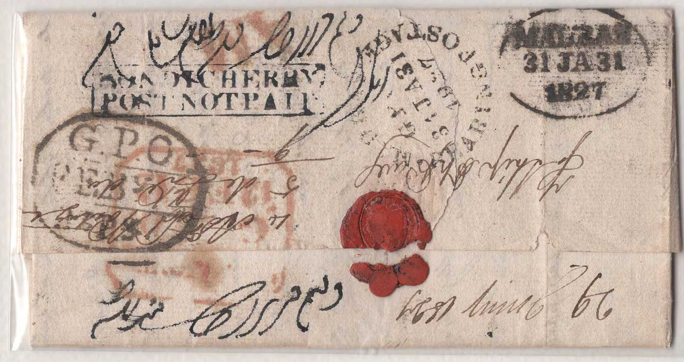 COV-2467 — 29 January 1827 Pondicherry HG 6 pre-stamp cover
