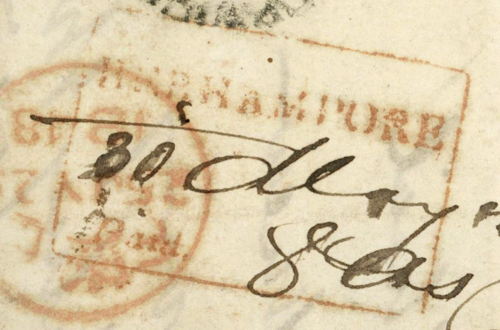 Berhampore HG 8 — pre-1854 Indian handstamp, 1848, Red