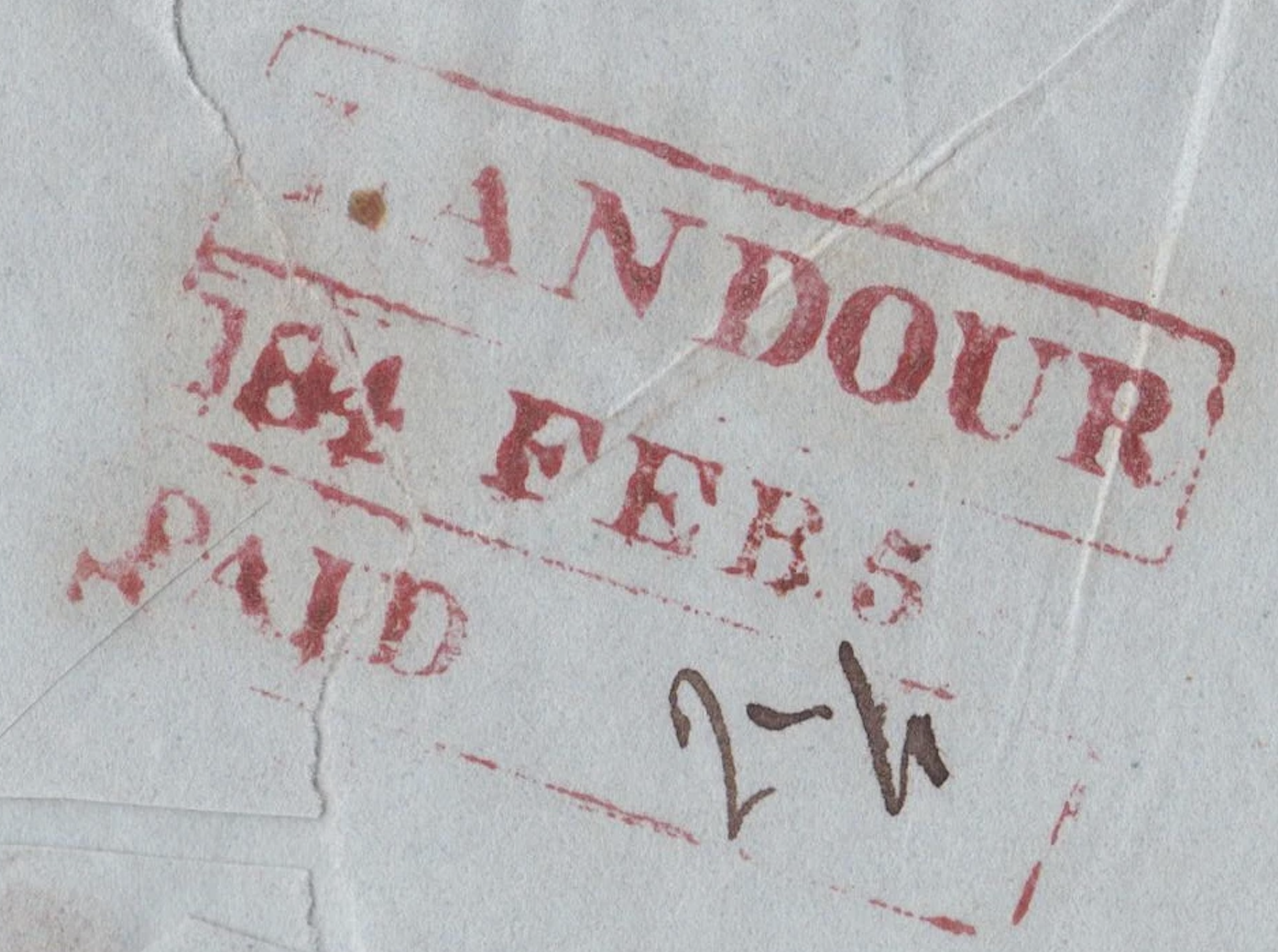 Landour HG 10 — pre-1854 Indian handstamp, 1854, Red