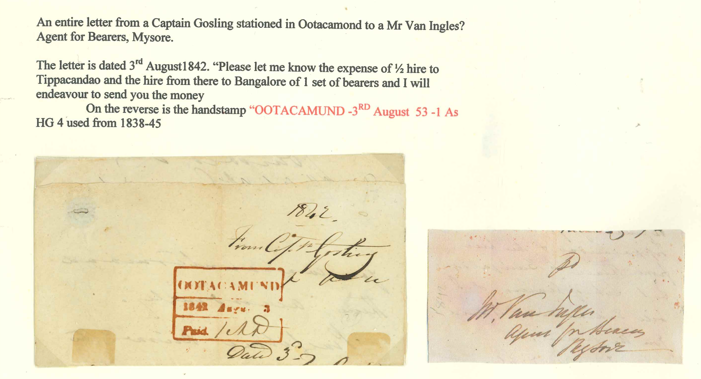 Pre-stamp cover of India — 3 August 1853, Ootacamund HG 4 handstruck folded letter (COV-5027)
