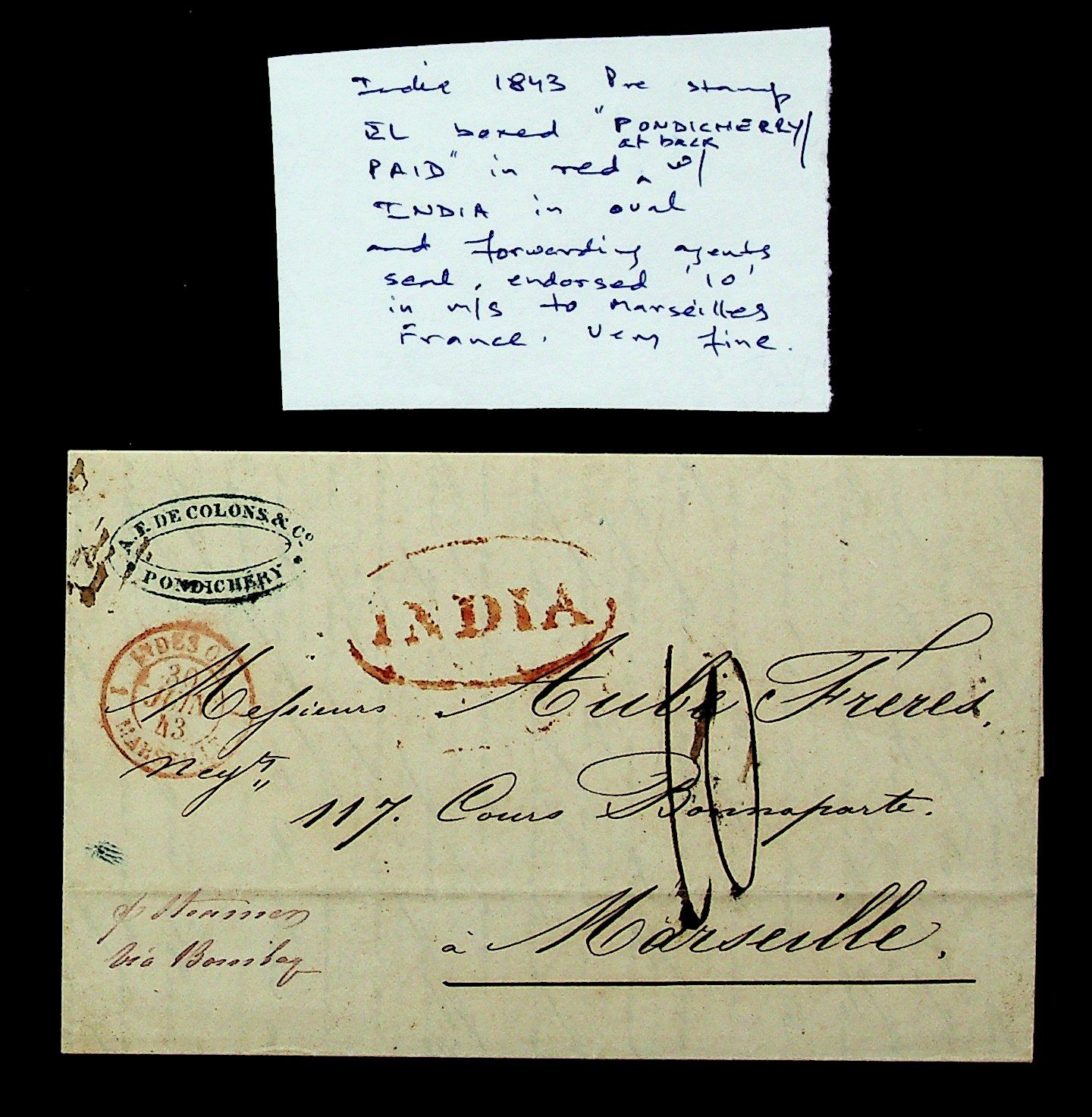 22 April 1843 Pondicherry HG 10 pre stamp cover — COV-3867