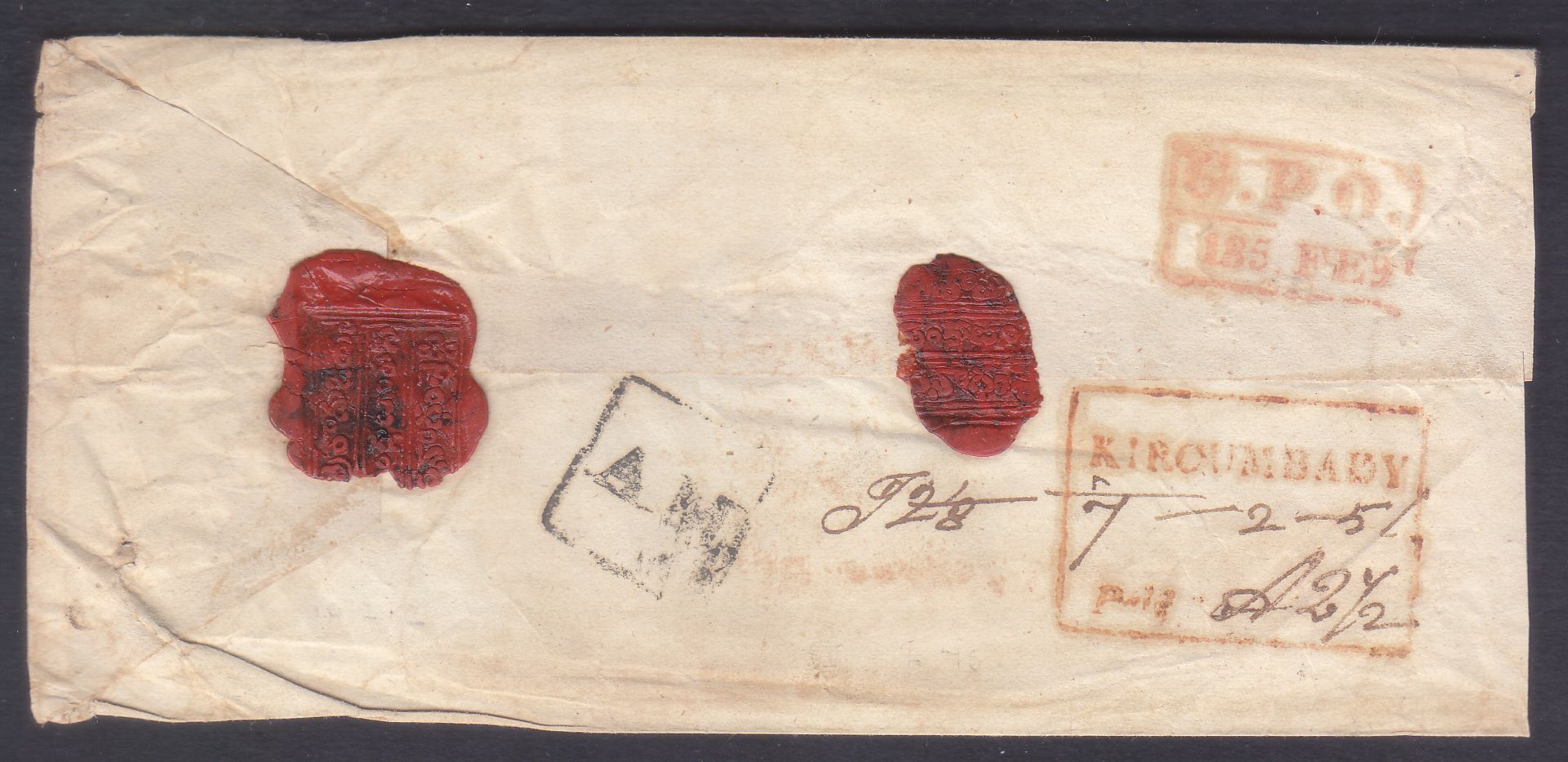 7 February 1851 Kircumbady HG 1 pre stamp cover — COV-3840
