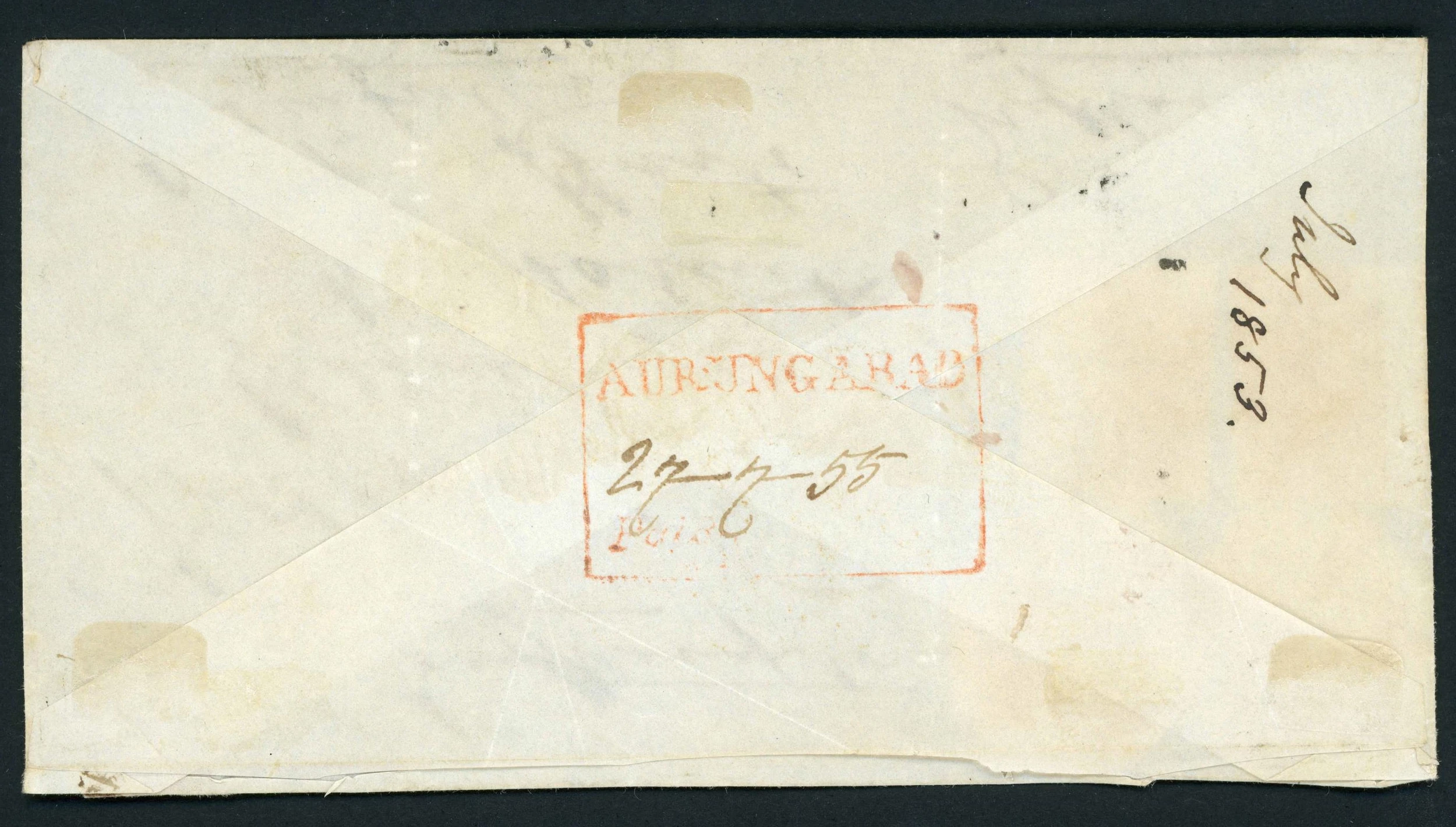 27 July 1855 Aurungabad HG 2 pre stamp cover — COV-4788