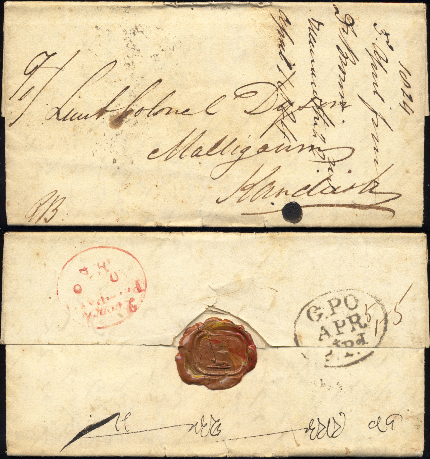 Pre-stamp cover of India — 5 April 1824, Poona HG 4 handstruck folded letter (COV-5491)